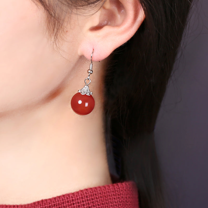 Red Agate Dangle Drop Hook Non-Pierced Earrings for Women - Elegant Clip-On Statement Jewelry for Parties, Weddings & Special Occasions