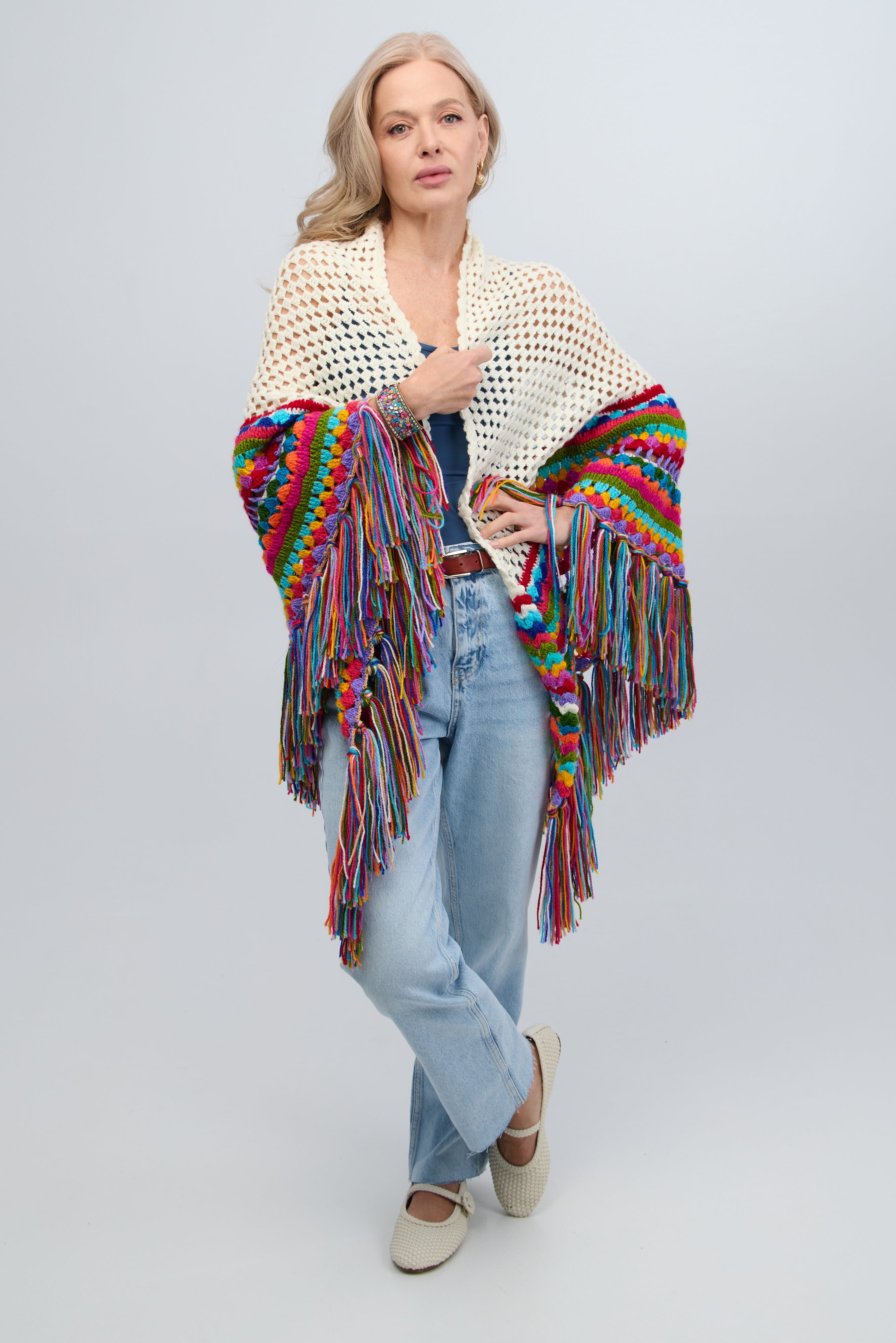 Rainbow Crochet Fringe Wrap Shawl - Colorful Boho Chic Handmade Knit Scarf for Women - Perfect for Music Festivals, Beach Cover-ups & Boho Fashion Accessories