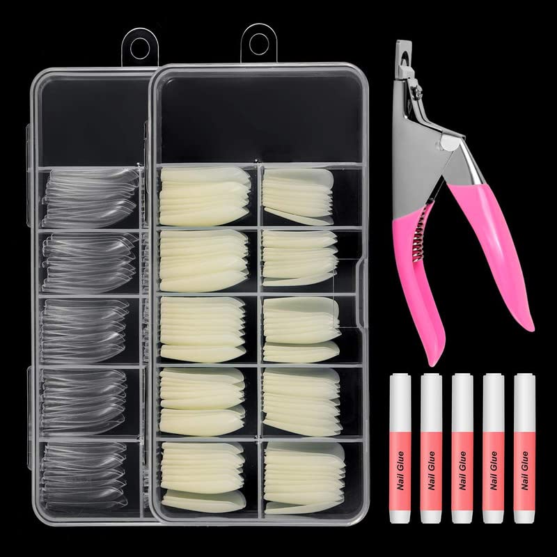 TRENDY CLUB 200PCS No Trace Coffin Long Ballerina Acrylic False Nails Set - Natural Clear Full Cover Nail Tips with Nail Cutter & Glue | Perfect for Salon, Home Manicure, Party & Special Occasions