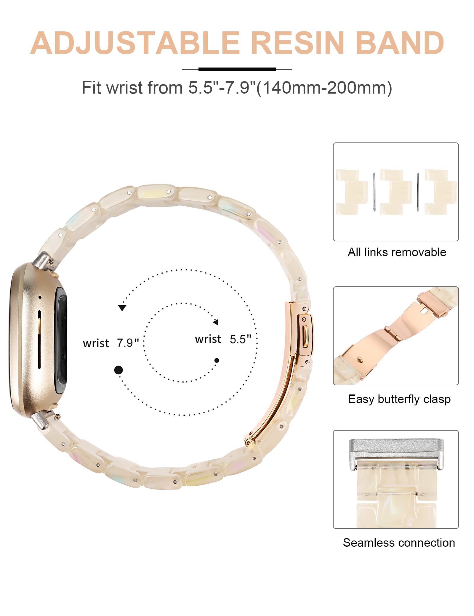 Premium Resin Replacement Band Compatible with Fitbit Sense/Sense 2/Versa 3/Versa 4 - Lightweight Durable Wrist Strap for Women & Men - Fashionable Fitness Accessory for Workouts, Running & Daily Wear