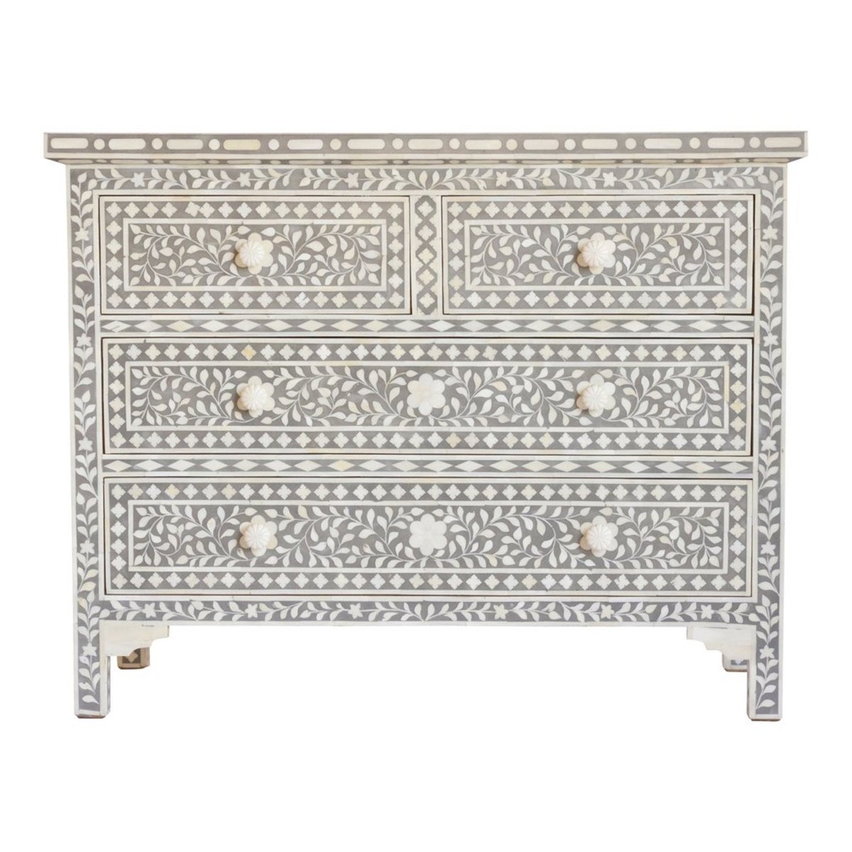 Handmade Bone Inlay Dresser with Floral Design - 4 Drawer Storage Chest in Elegant Grey - Perfect for Bedroom, Living Room & Boho Home Decor
