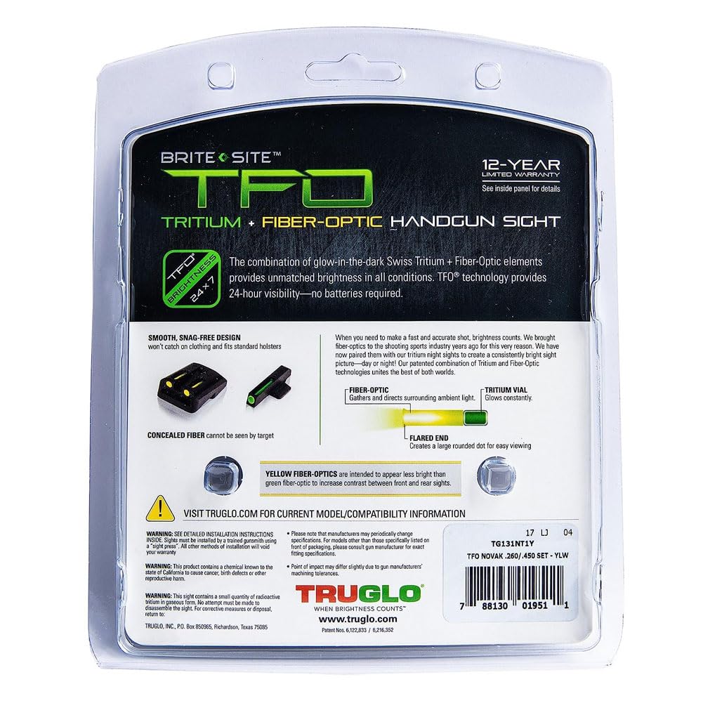 Truglo TFO Tritium & Fiber-Optic Handgun Sight Set - High Visibility Front & Rear Night Sights for 1911 Pistols | Durable Compact Design for Tactical Shooting & Home Defense