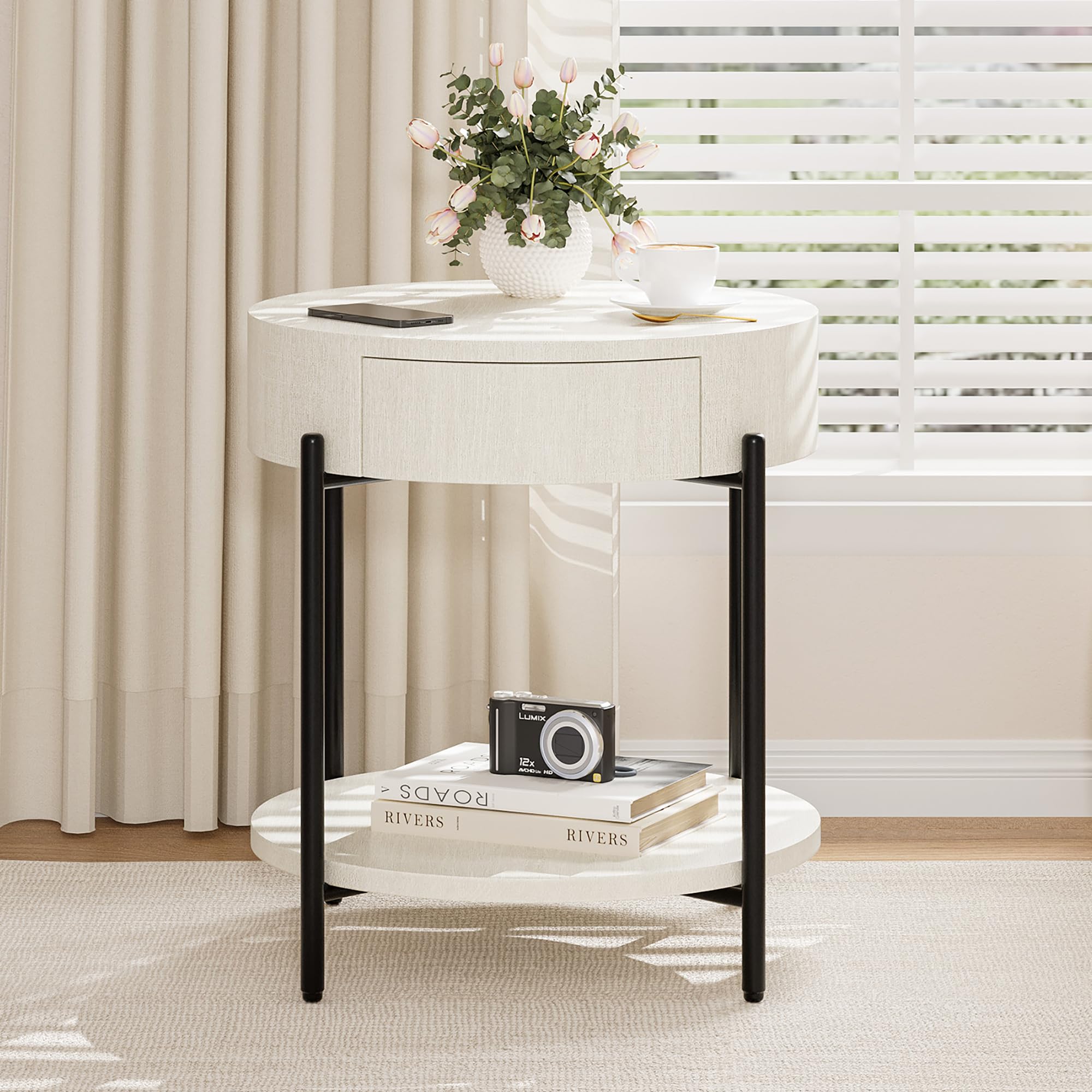 Round Wooden End Table with Drawer - Modern Side Table & Bedside Nightstand for Living Room, Bedroom, Office - Small Circle Accent Table with Storage Space