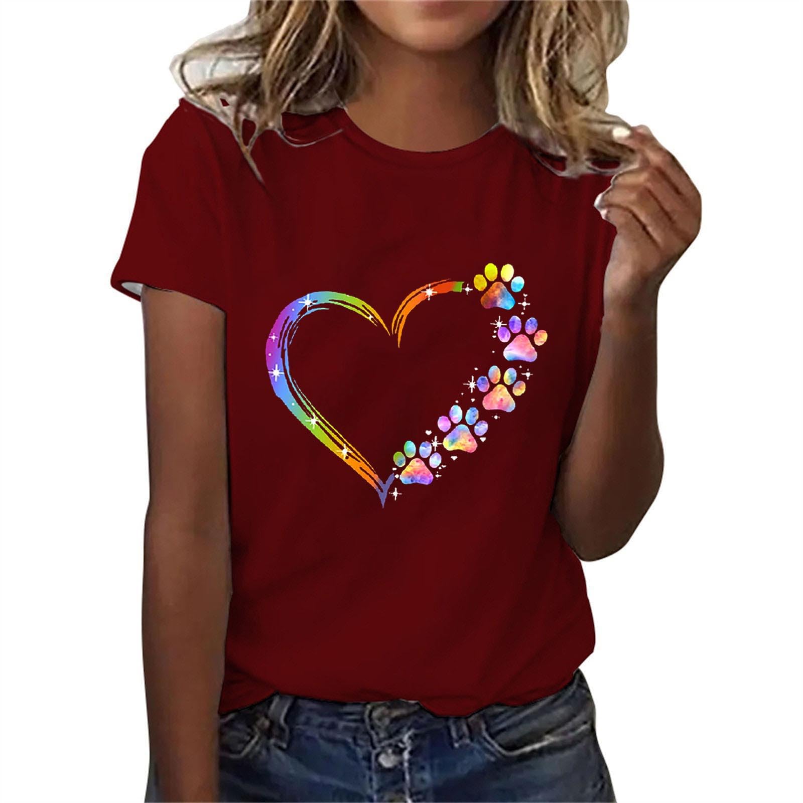 Dog Mom Lover Heart Pattern T-Shirt - Women's Heartbeat Dog Paw Graphic Tee - Cute Short Sleeve Top for Puppy Owners - Perfect Gift for Dog Lovers - Ideal for Casual Wear, Dog Walks & Pet-Themed Events