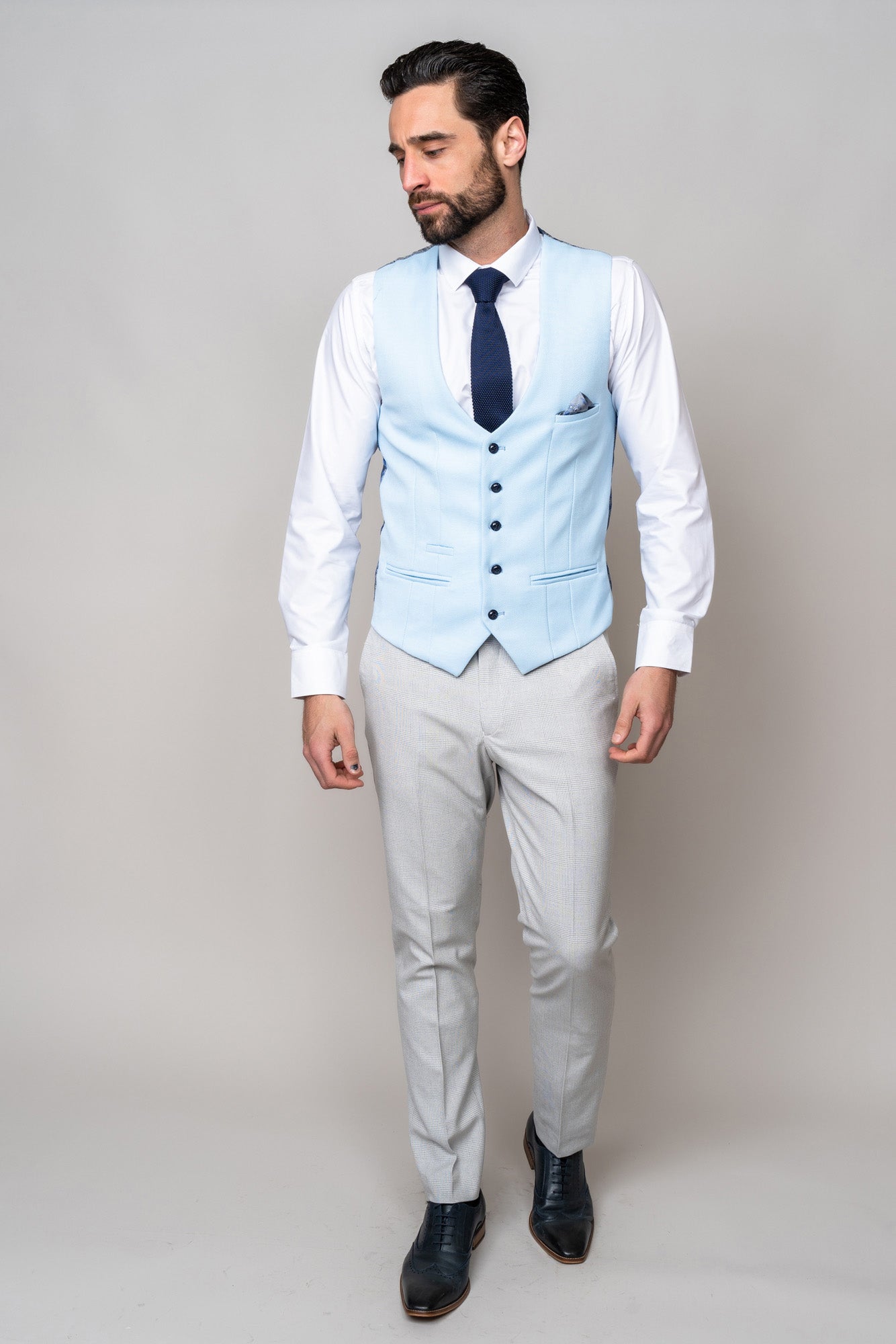 BROMLEY Stone Check Suit with Kelvin Sky Waistcoat - Premium Men's Formal Wear for Business Meetings & Wedding Attire