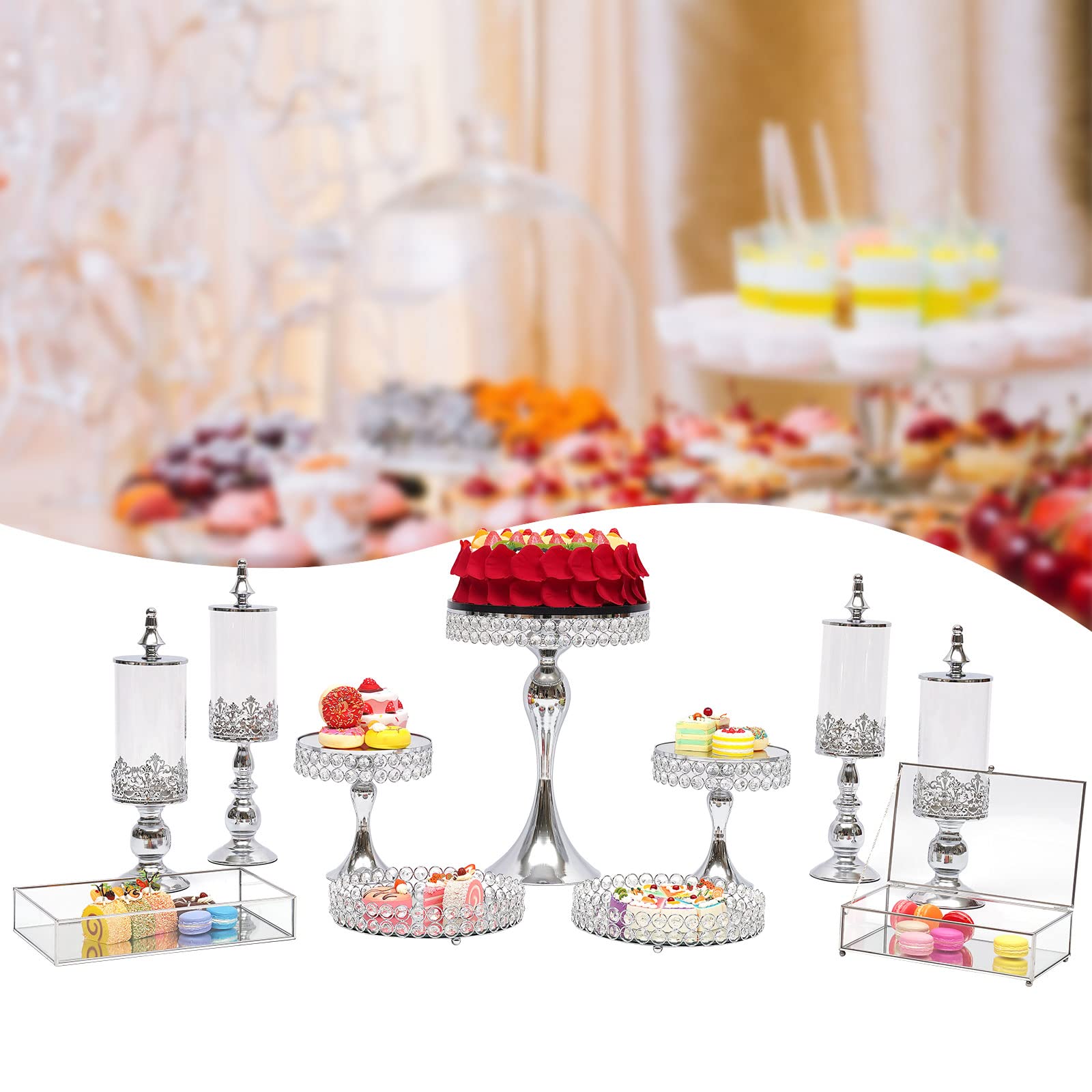11-Piece Silver Cake Stand Set - Elegant Metal Cupcake Holder with Acrylic Mirror, Wedding & Birthday Party Dessert Display Tray for Fruits, Cakes, Pastries - Perfect for Bridal Showers, Baby Showers, and Special Events