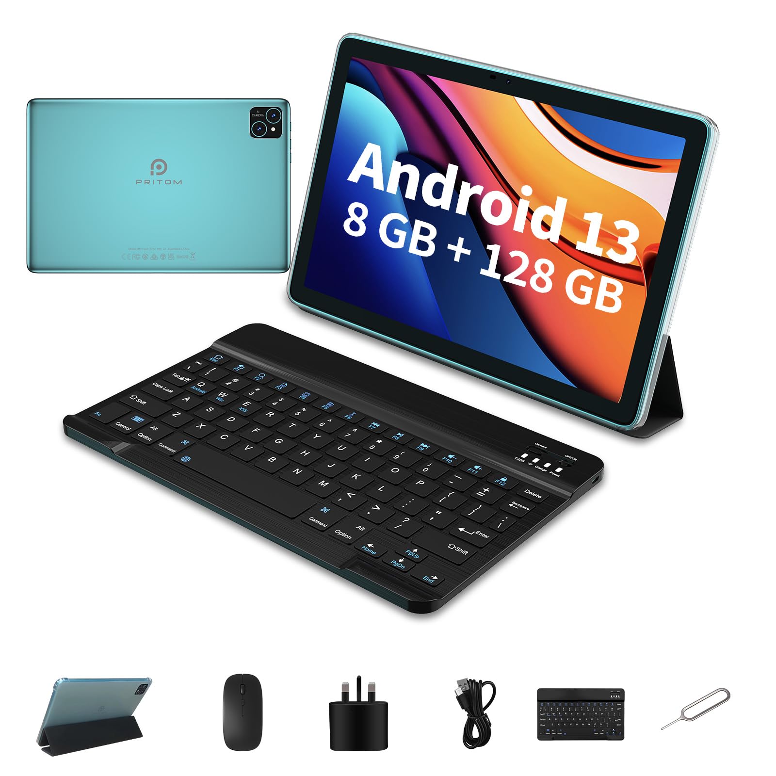 PRITOM 10 Inch Android 13 Tablet - 3-in-1 Bundle with Keyboard & Mouse, 8GB RAM (4+4), 128GB Storage (Expandable to 1TB), 8000mAh Battery, WiFi 6, Bluetooth, Quad Core Processor - Perfect for Work, Study, Gaming & Entertainment