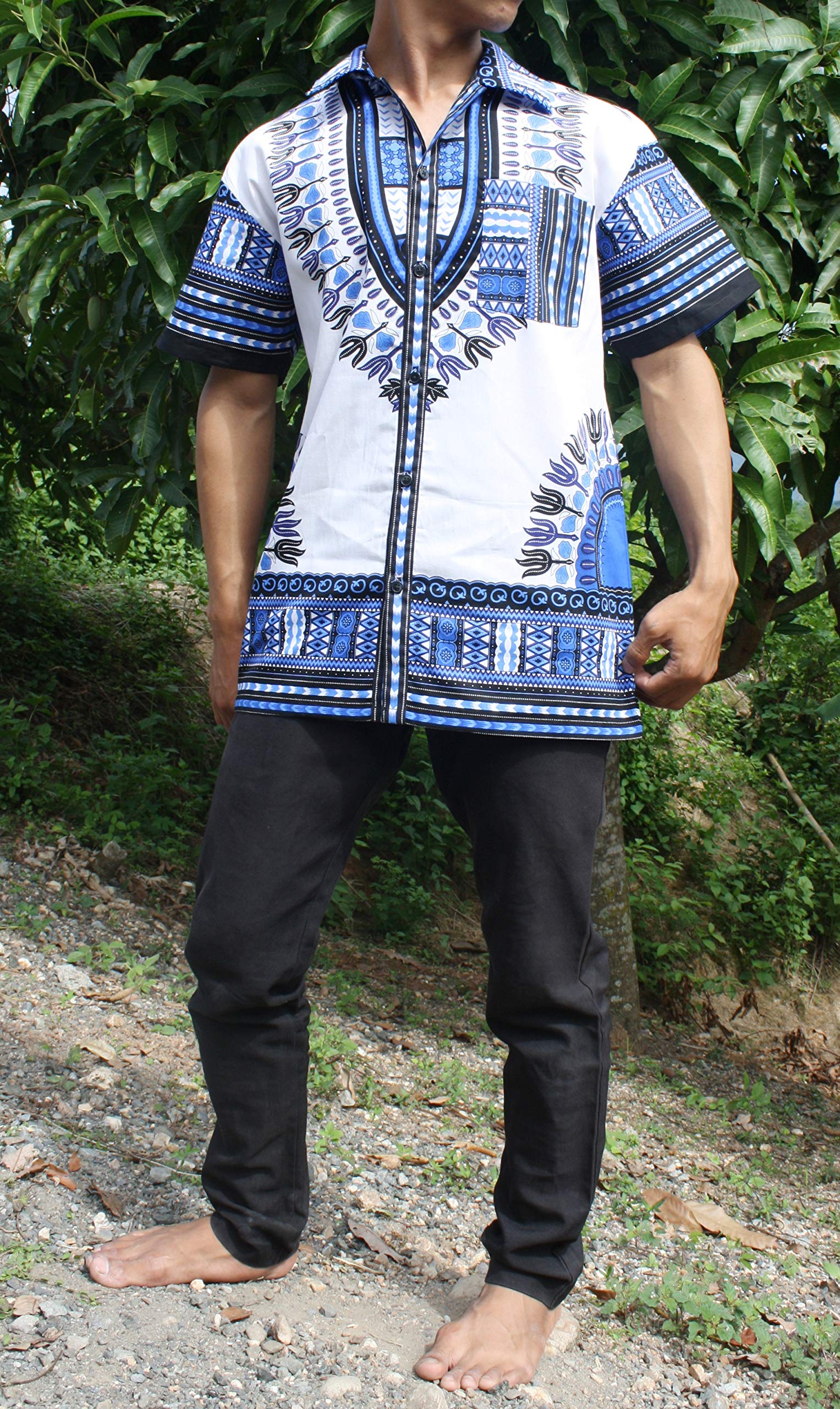 Men's African Dashiki Art Hawaiian Shirt - 100% Pure Cotton, Large Collar, Breathable & Comfortable - Perfect for Beach Vacation, Summer Parties & Cultural Events