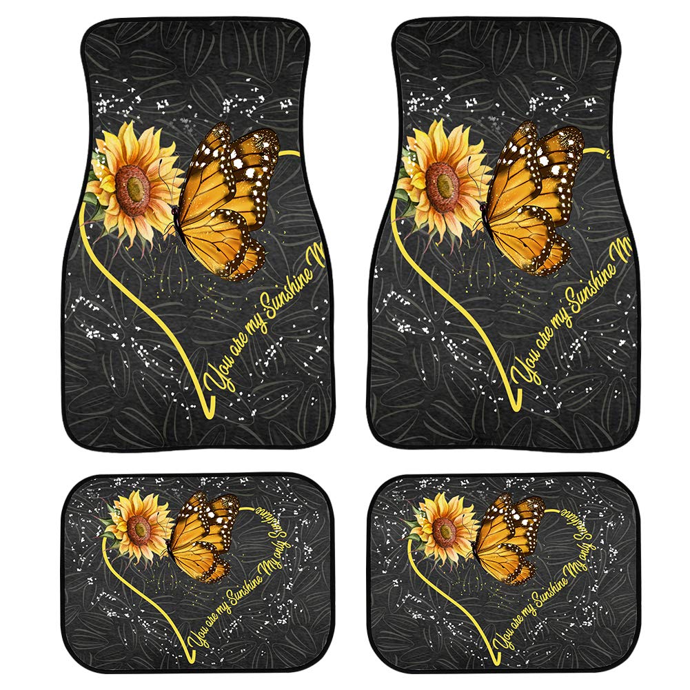 INSTANTARTS Butterfly & Sunflower Printed Car Floor Mats - 4-Piece Universal Fit Anti-Skid Front & Rear Car Mats (Black) | Durable Protection for Sedans, SUVs & Trucks | Easy to Clean & Weather-Resistant