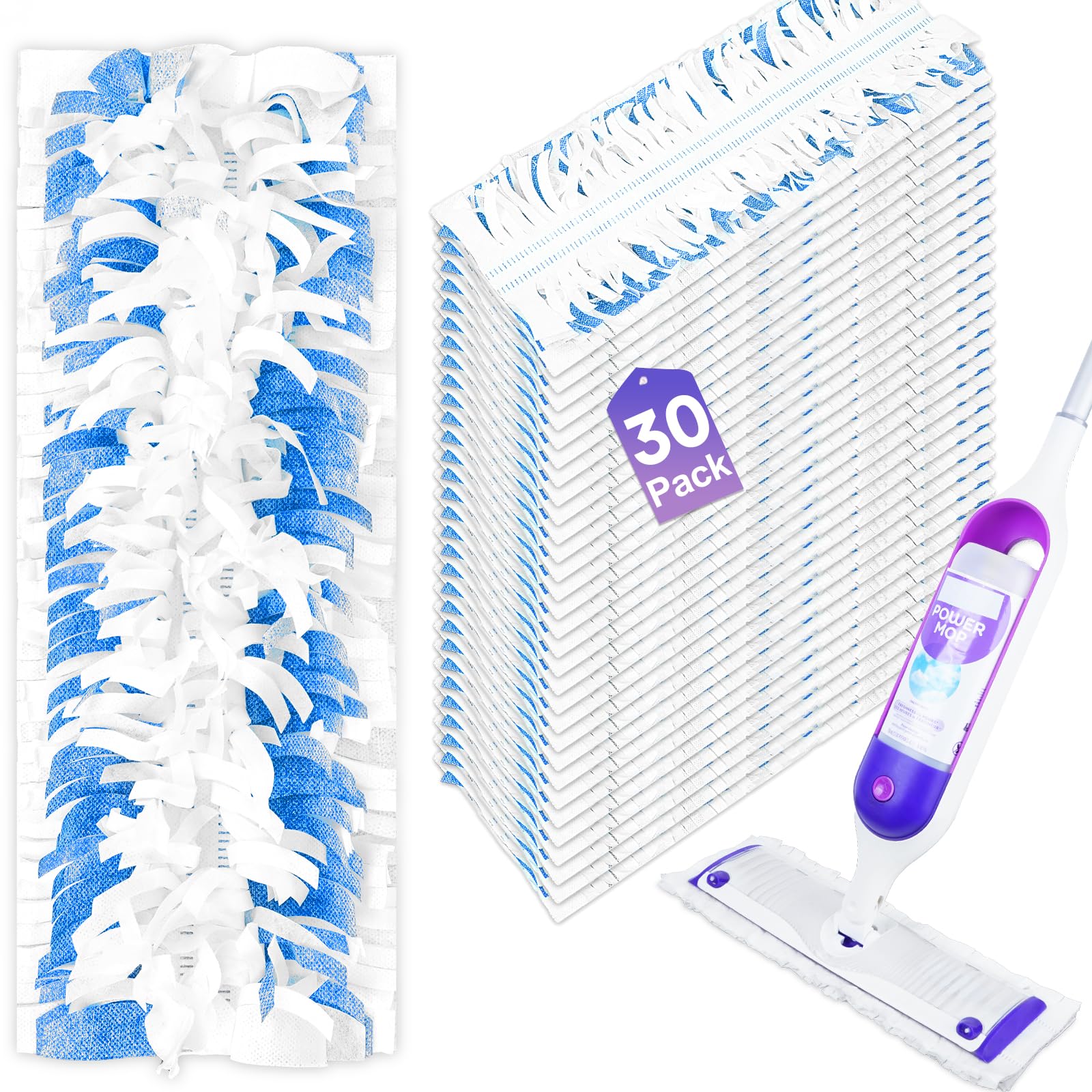 30 Pack Disposable Mopping Pads Refills for Swiffer PowerMop - Multi-Surface & Wood Floor Cleaning Pads - Purple Spray Clean Pads Replacement (No Handle Included) - Perfect for Quick Daily Cleaning & Hardwood Floor Maintenance