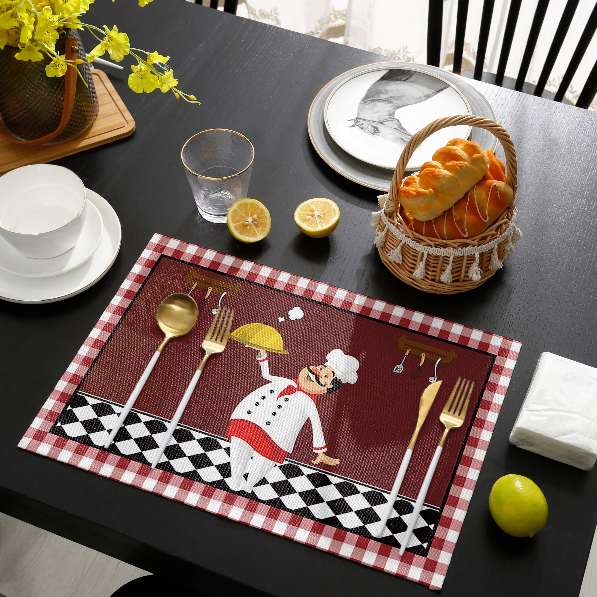 6-Pack Round Non-Slip Heat Resistant Washable Kitchen Table Placemats - Cartoon Chef Buffalo Plaid Design for Dining Room, Perfect for Family Meals, Kids Parties & Holiday Gatherings