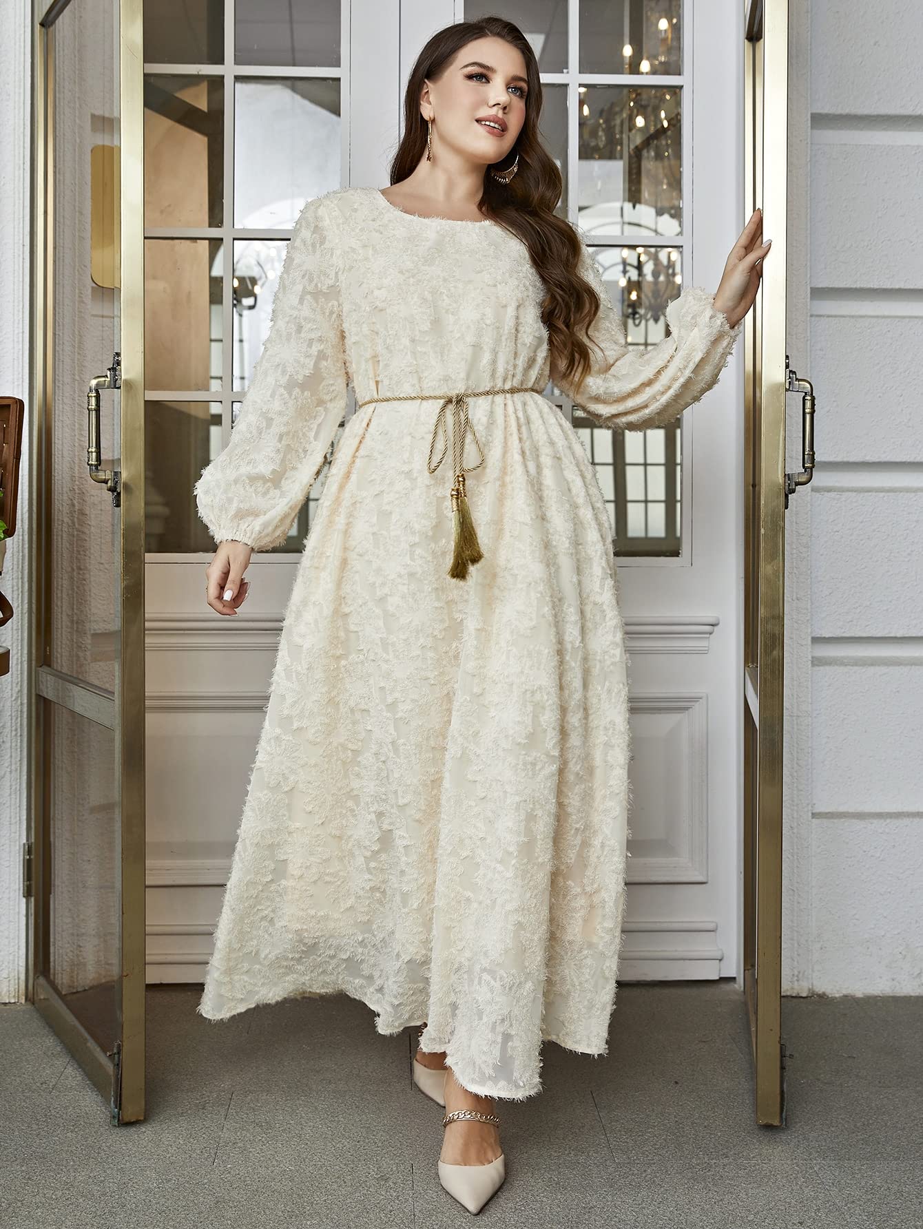 Plus Size Fuzzy Trim Lantern Sleeve Belted Dress for Women - Elegant Long Sleeve Maxi Dress in Beige (XL) | Perfect for Weddings, Parties & Special Occasions
