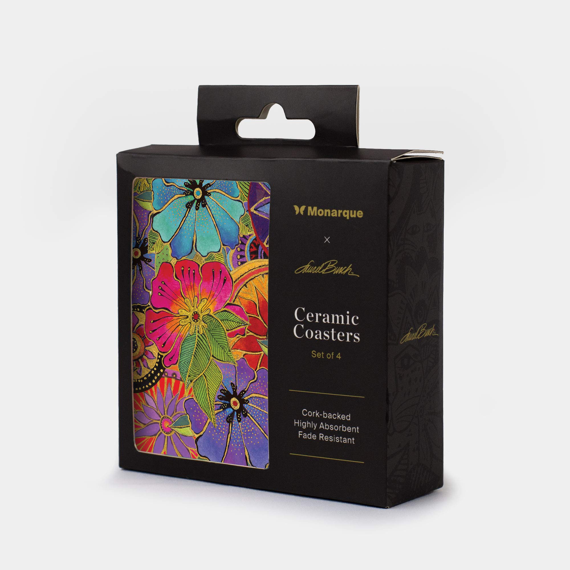 Monarque Ceramic Drink Coasters Set of 4 - Laurel Burch Blossoming Florals Design - Absorbent & Durable Coasters for Coffee, Wine, and Hot Beverages - Perfect for Home, Office, or Restaurant Use