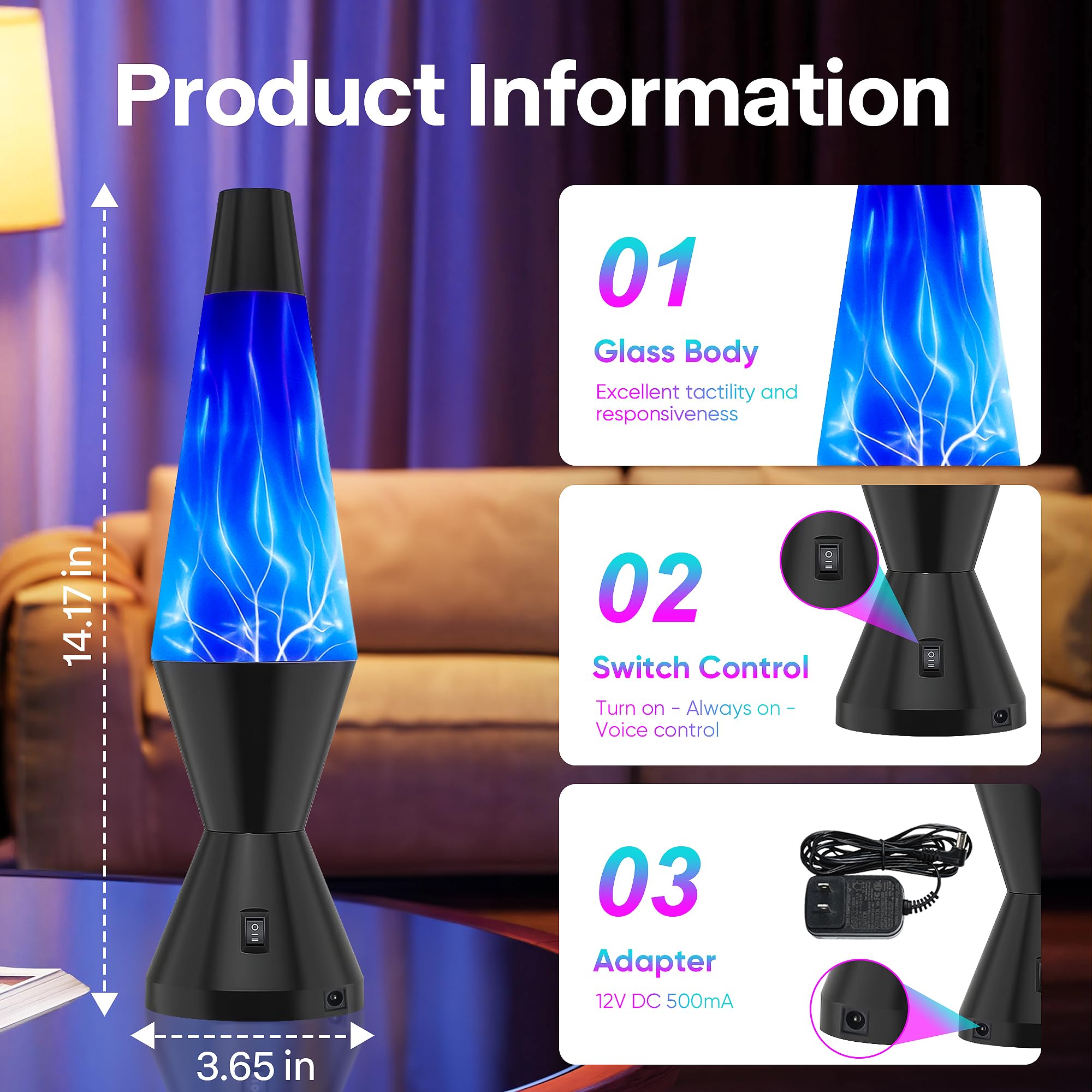 14-inch Plasma Ball Lamp - Touch & Sound Sensitive Lightning STEM Toy with AC Adapter | Science Discovery Gift for Kids & Adults | Perfect for Bedroom Night Light, Desk Decor & Science Education (Blue)