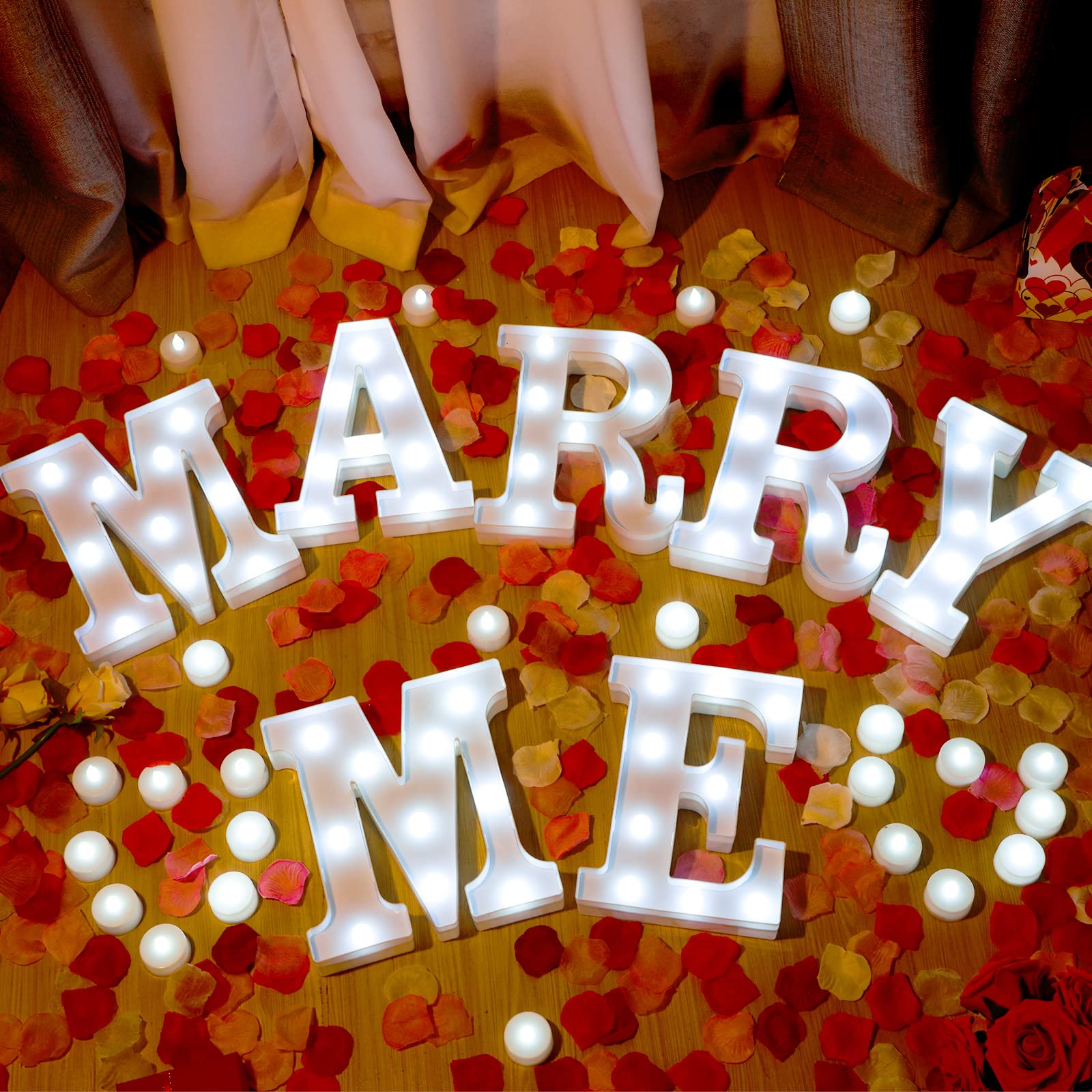LED Light Up Marry Me Sign - Proposal Decor with Rose Petals & 24 LED Candles - Romantic Wedding Engagement Valentine's Party Decorations - Perfect for Surprise Proposals, Anniversary Celebrations & Romantic Nights