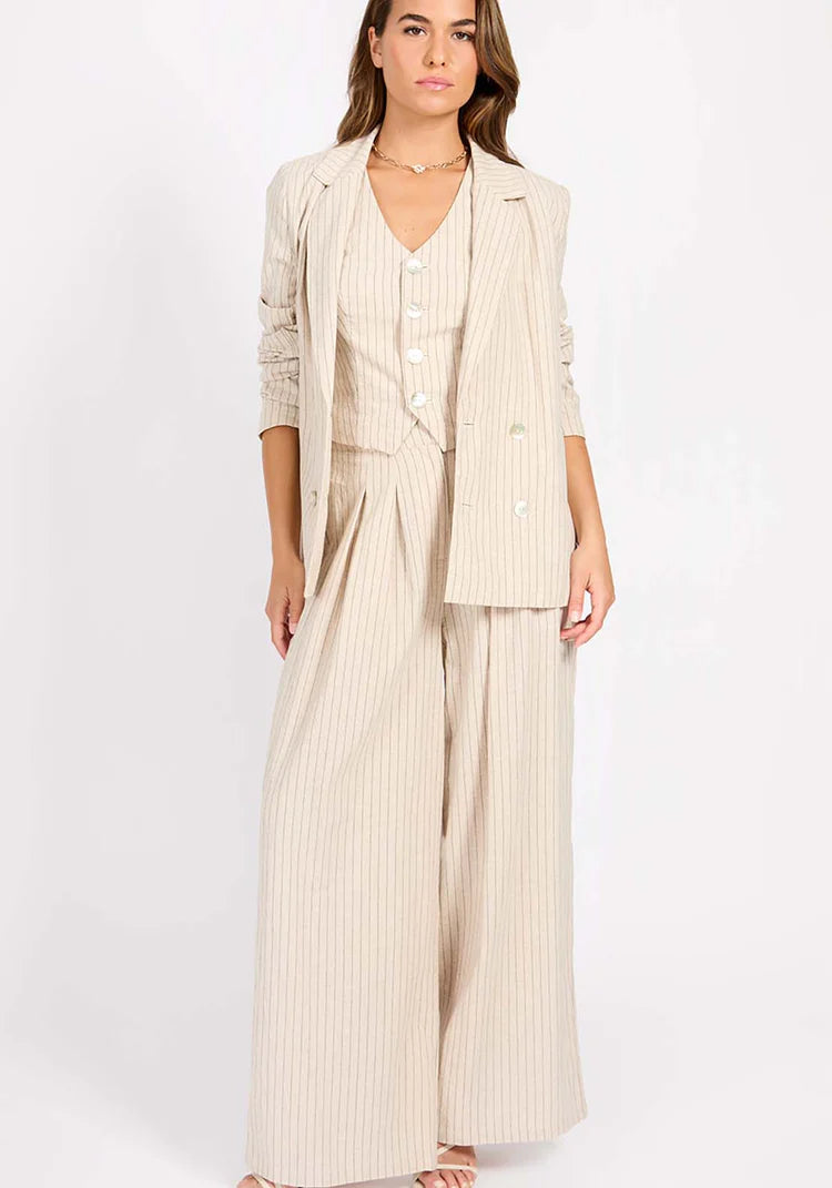 Logan Striped Linen Blend Trousers for Women - Comfortable Oatmeal & Black Casual Pants - Perfect for Office, Travel and Summer Outfits