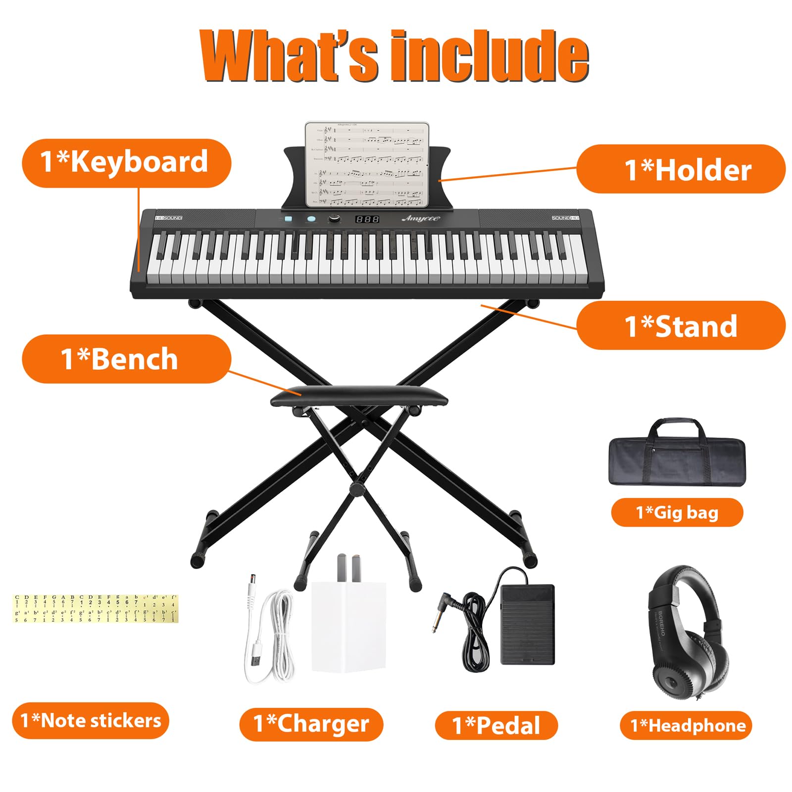 61-Key Portable Electric Piano Keyboard with Semi-Weighted Keys - Professional Digital Piano for Beginners & Adults - Includes Power Supply, Built-In Speakers, Sustain Pedal, Stand & Stool - Perfect for Home Practice, Music Lessons, Birthday & Christmas Gifts