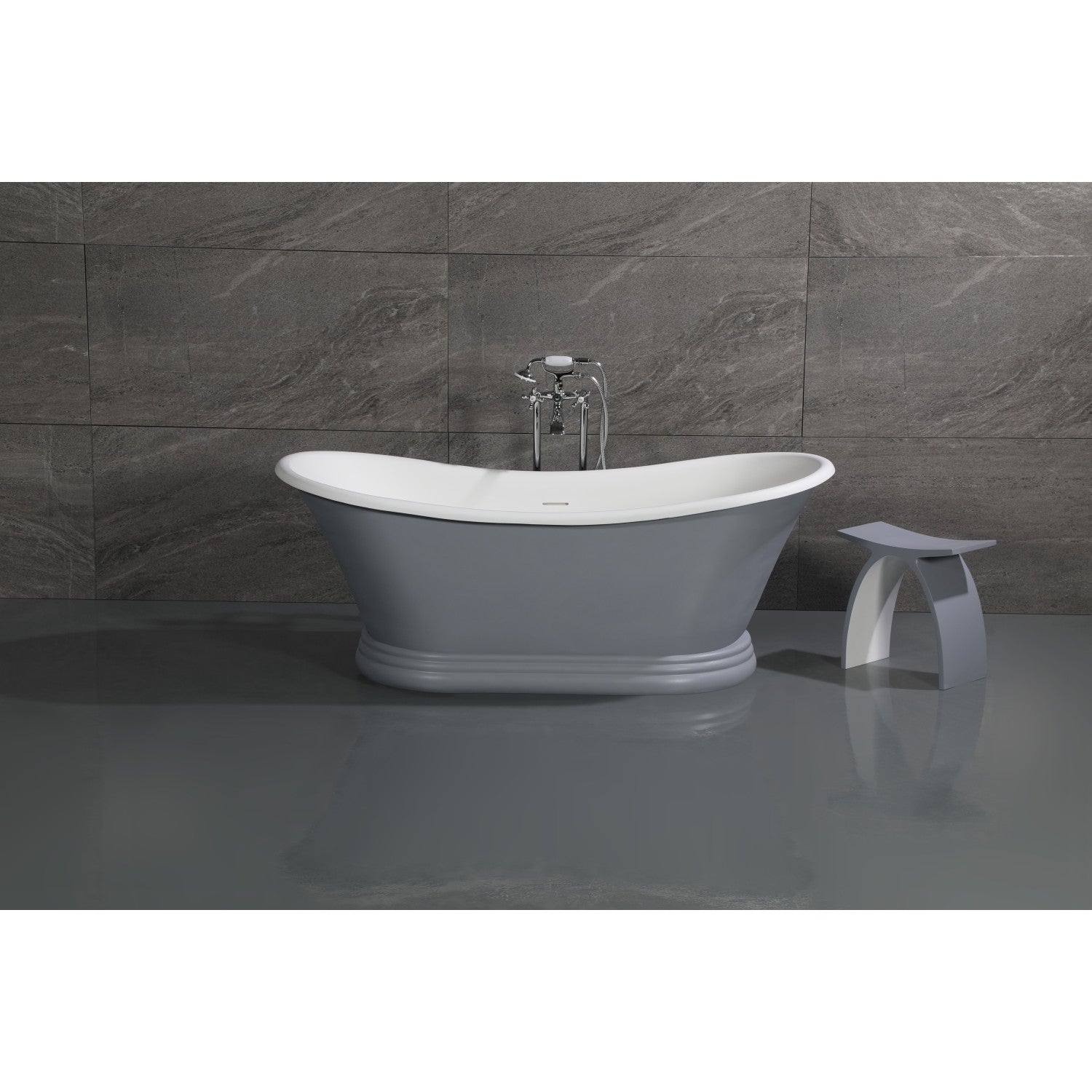 Arcticstone 67 Inch Oval Double Slipper Pedestal Bathtub - Glossy White/Matte Gray Solid Surface Freestanding Tub with Drain (No Faucet Holes) | Perfect for Luxury Bathrooms, Spa Retreats & Modern Home Decor