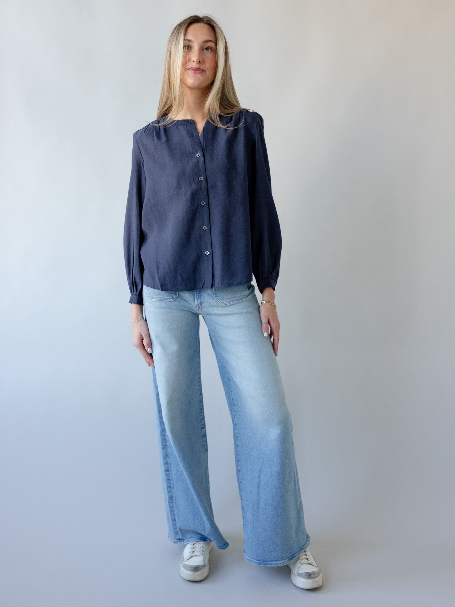 Elsbeth Navy Blouse for Women - Elegant Long Sleeve Office Blouse, Business Casual Tops, Perfect for Work, Meetings & Professional Events