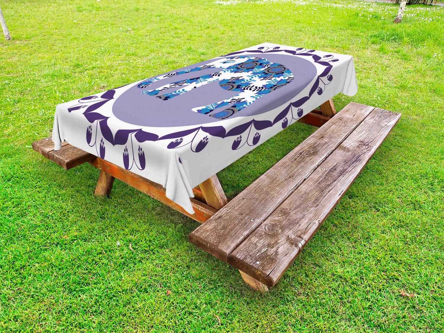 Ambesonne Floral Outdoor Tablecloth - Elephant & Tulip Flower Pattern, Decorative Washable Picnic Table Cover, 58