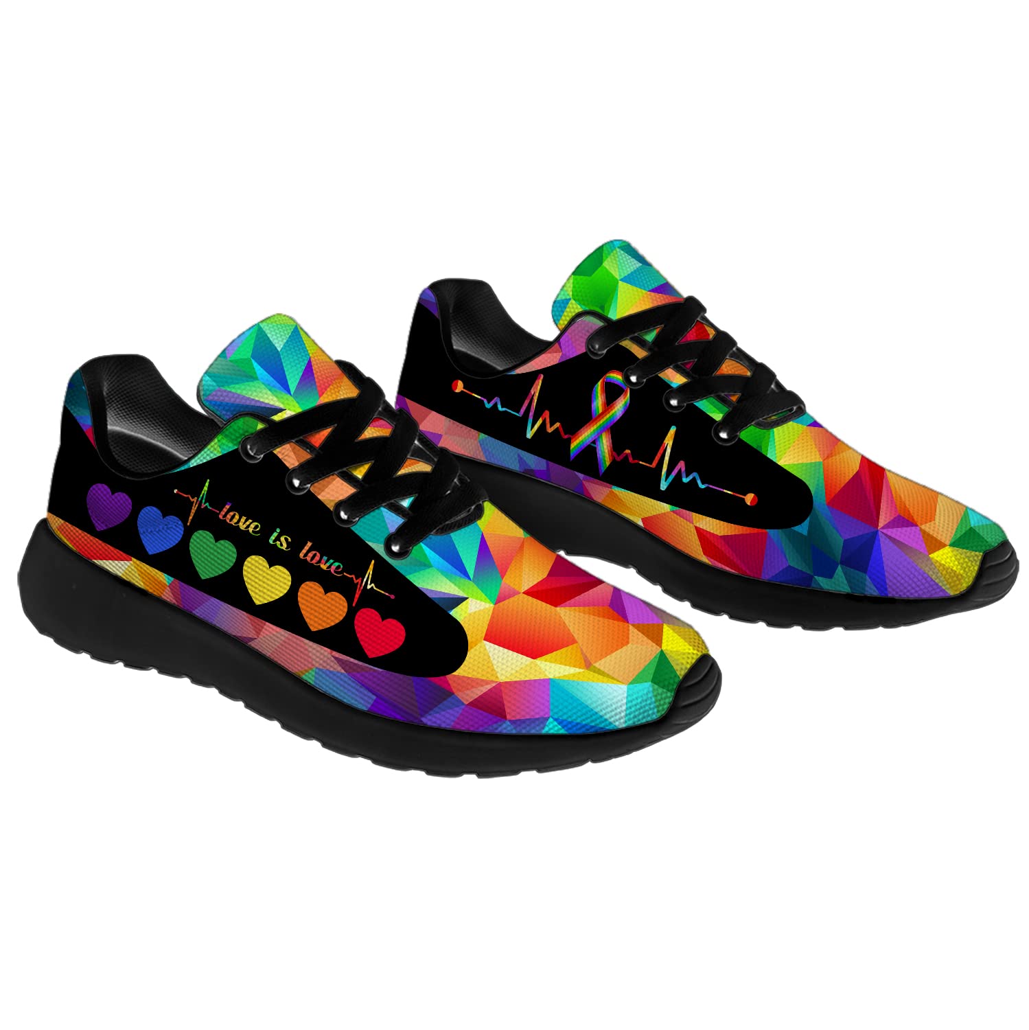 **Rainbow Pride Running Shoes for Men & Women - LGBT Walking Tennis Sneakers with Hearts - Size 10 Men/11.5 Women Black - Perfect for Pride Parades, Gym Workouts & Casual Wear**