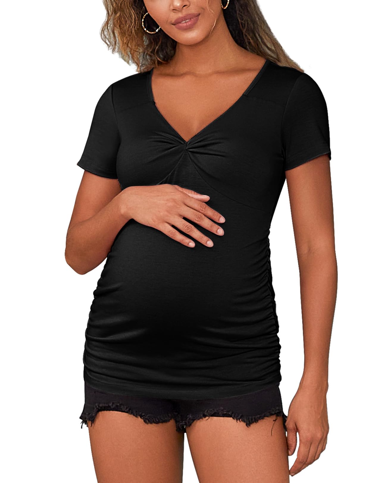 GINKANA Women's Maternity Tops - Short Sleeve Ruched Side Pregnancy Shirts, Casual Summer Maternity Tees & Tunics for Everyday Wear, Nursing Friendly Blouses