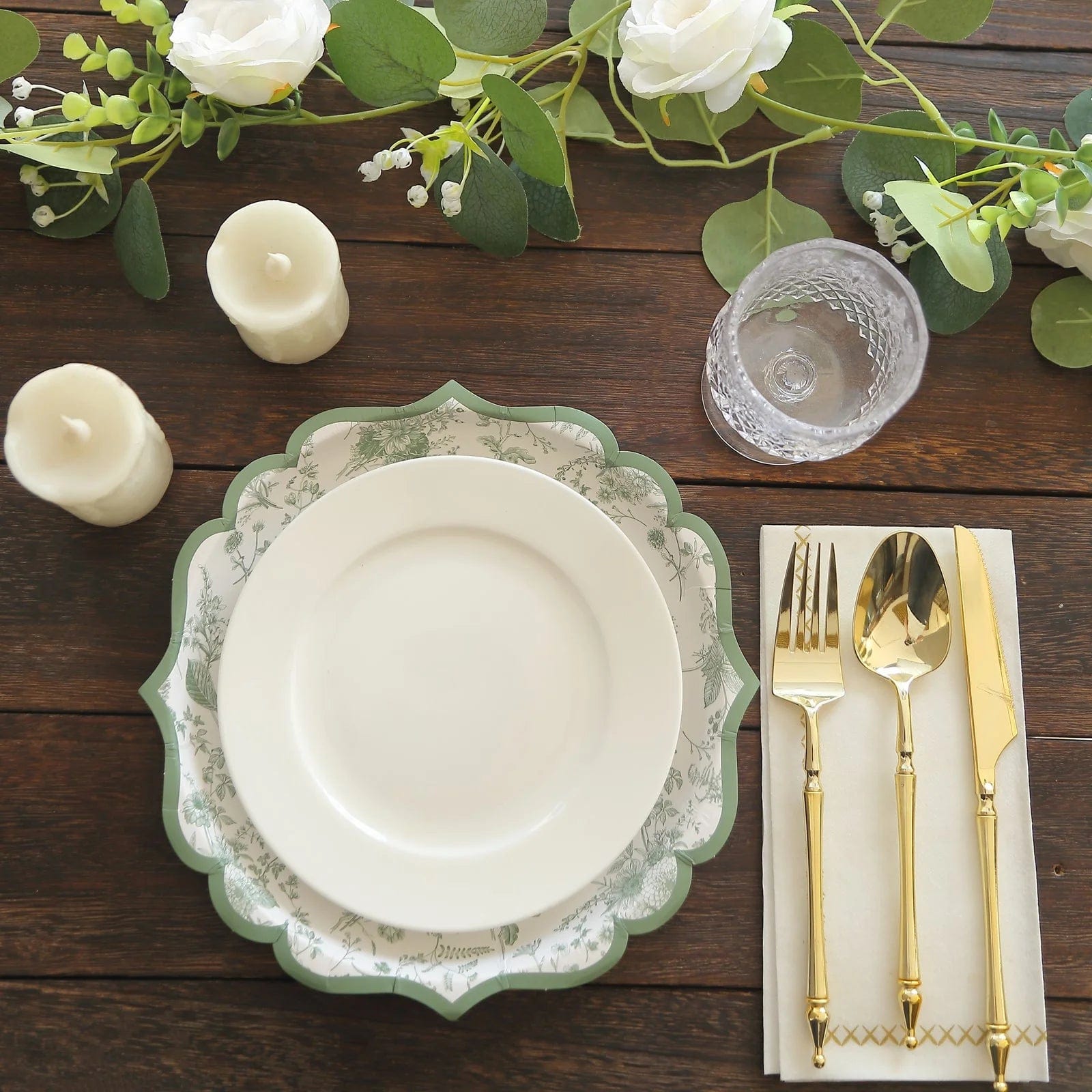 25-Pack White and Sage Green Floral Leaf Print Paper Plates with Scalloped Rim - Elegant Disposable Tableware for Weddings, Baby Showers & Garden Parties