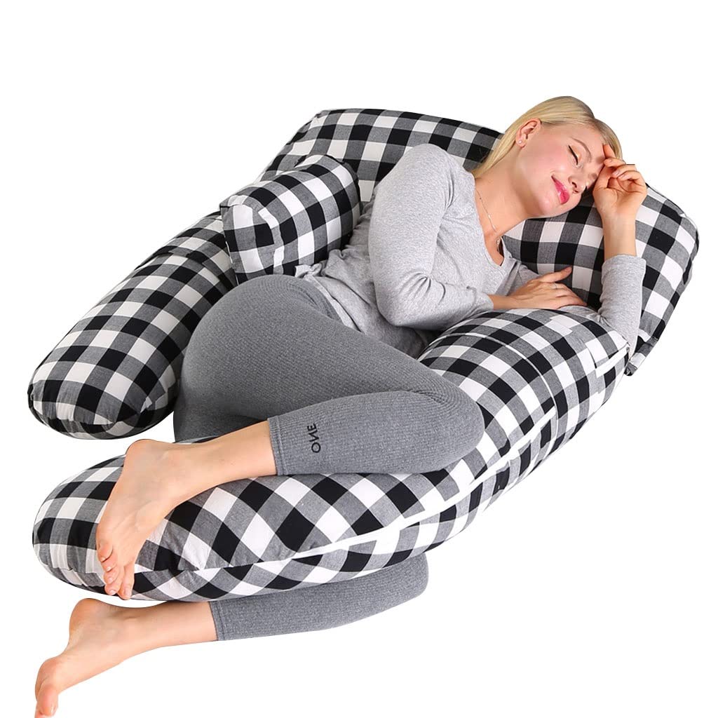 Black and White Checkered Cotton Maternity Pillow - G-Shaped Pregnancy Pillow for Side Sleeping & Breastfeeding Support, Removable & Washable Cover - Perfect for Comfort During Pregnancy, Nursing & Relaxation at Home