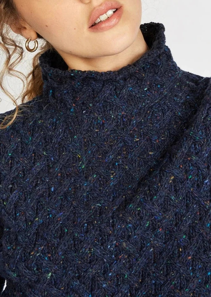 Ireland's Eye Women's Cable Knit Aran Sweater - Rich Navy Wool Pullover for Fall & Winter | Cozy Casual Wear, Office Outfits, Holiday Fashion
