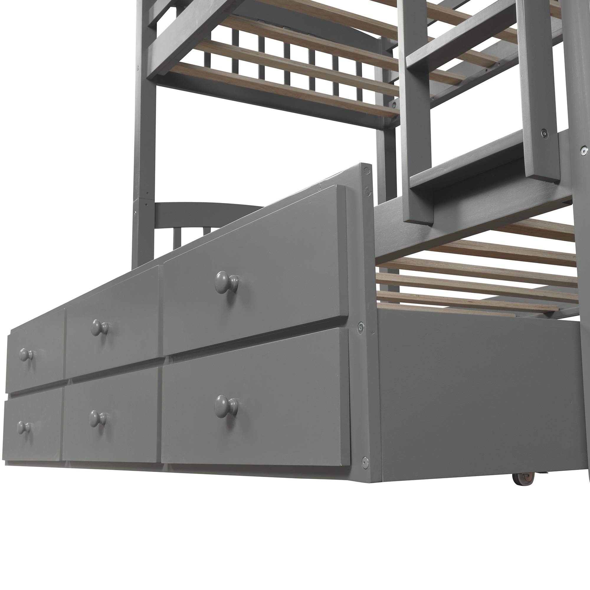 SOFTSEA Twin Over Twin Solid Wood Bunk Bed with Trundle & 3 Storage Drawers - Kids Bunk Bed Frame with Safety Guardrails - Space-Saving Bedroom & Guest Room Furniture (Grey) | Perfect for Small Rooms, Sleepovers & Vacation Homes