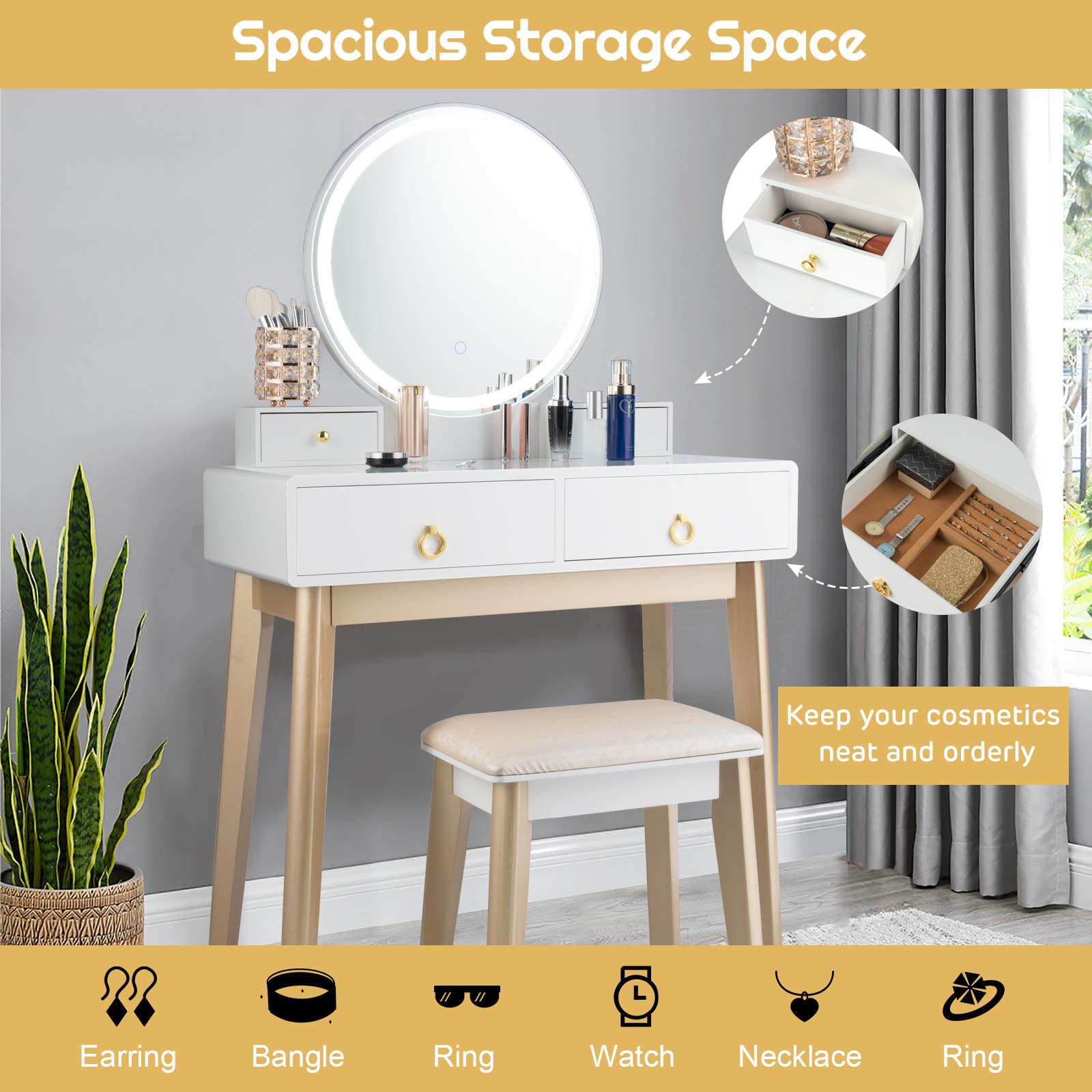 Nightcore Vanity Set with Round LED Lighted Mirror, Modern Makeup Vanity Desk with Cushioned Stool & 4 Drawers - White Dressing Table for Women & Girls | Perfect for Bedroom, Bathroom & Home Beauty Station