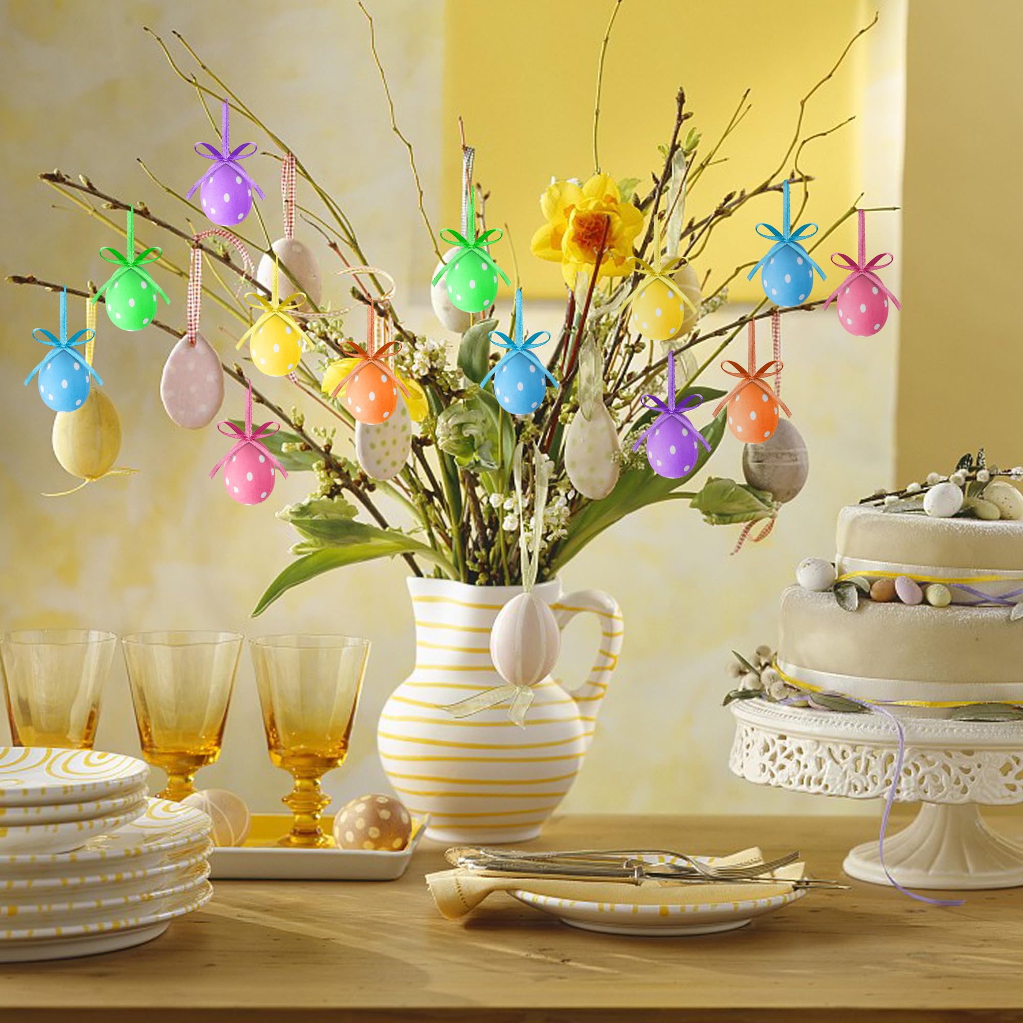 30 Pcs Easter Hanging Eggs - Mini Fabric Wrapped Easter Decorations with Bow, Dotted Easter Egg Ornaments for Party, Birthday, Home & Garden Decor - Perfect for Easter Tree, Spring Celebrations & Festive DIY Crafts