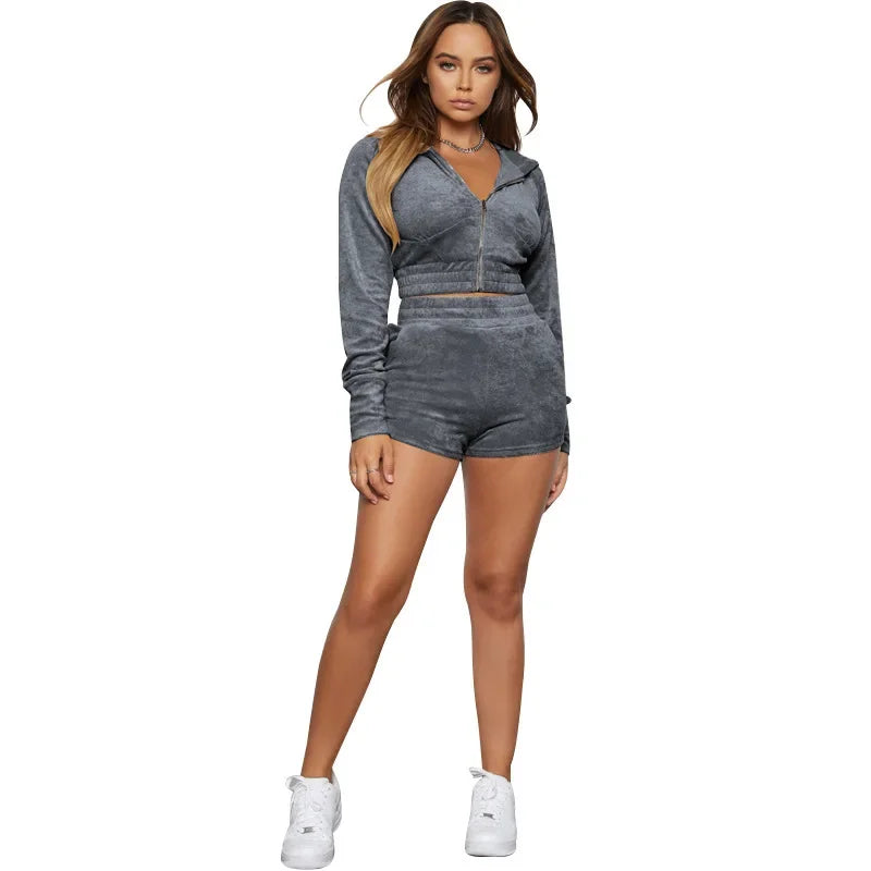 Velvet Tracksuit for Women - Sporty 2 Piece Set with Hooded Zip Jersey & Shorts | 2024 Fashion Streetwear | Gym, Lounge & Casual Outfit