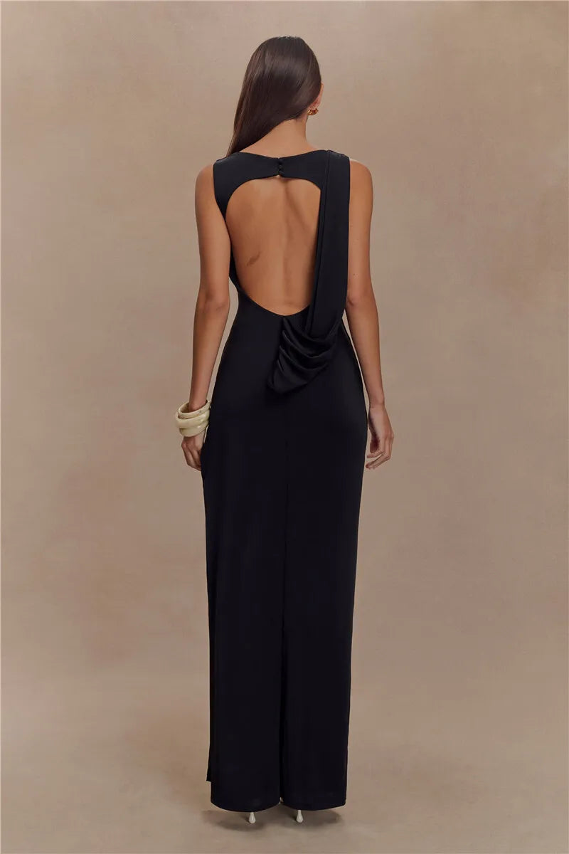 Sexy Backless Ruched Maxi Tank Dress for Women - Elegant O Neck Thigh High Split Bodycon Long Gown | Perfect for Summer Parties, Date Nights & Beach Vacations