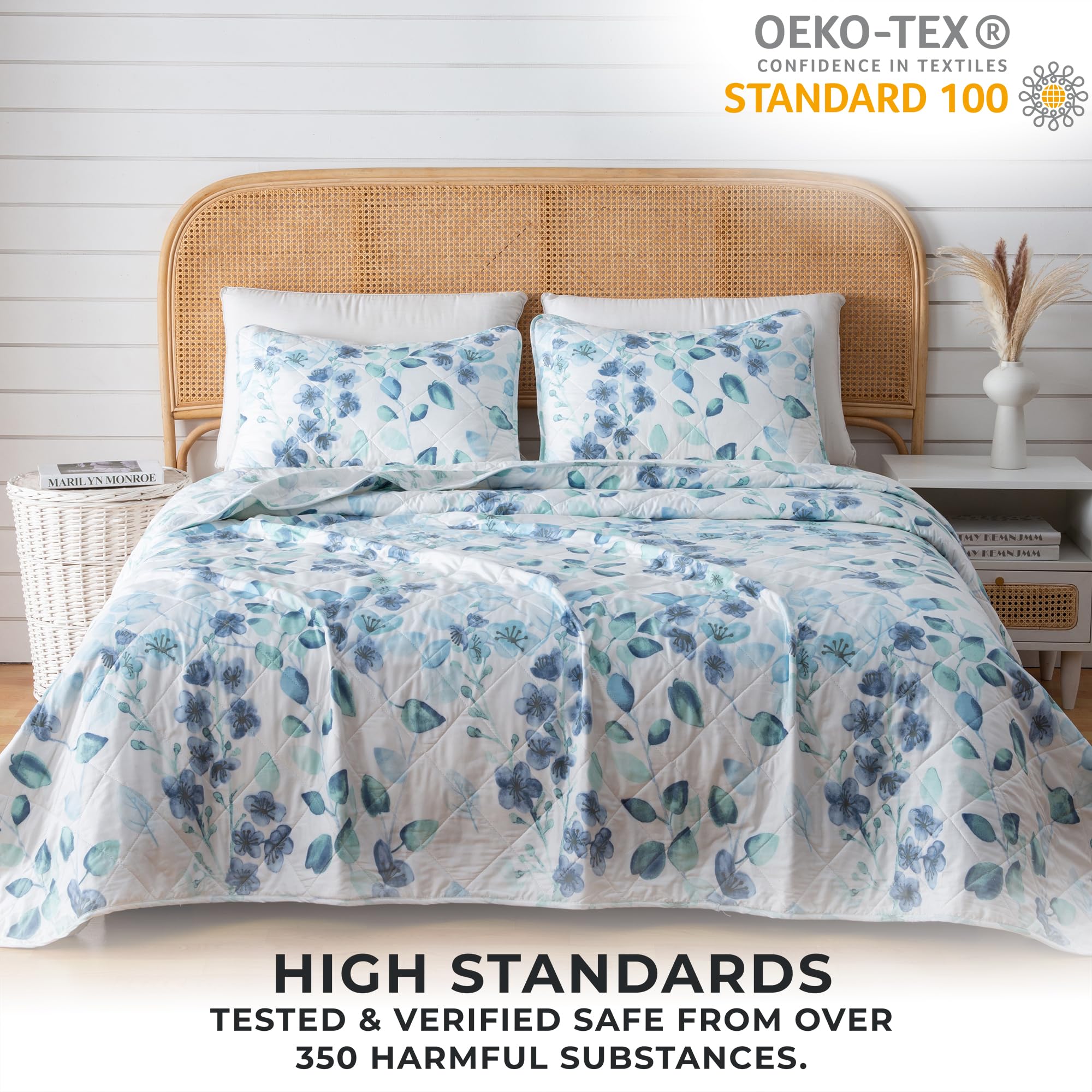 Floral King Quilt Set - Blue Green Reversible Bedding for Farmhouse & All-Season Comfort