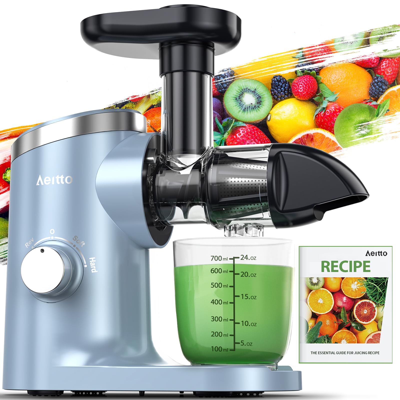 Aeitto Cold Press Juicer Machine - Triple Mode Masticating Juicer for Celery, Fruits & Vegetables - Quiet Motor with Reverse Function - Easy to Clean with Brush - Includes Recipe Book - Perfect for Healthy Juicing at Home, Gym or Office
