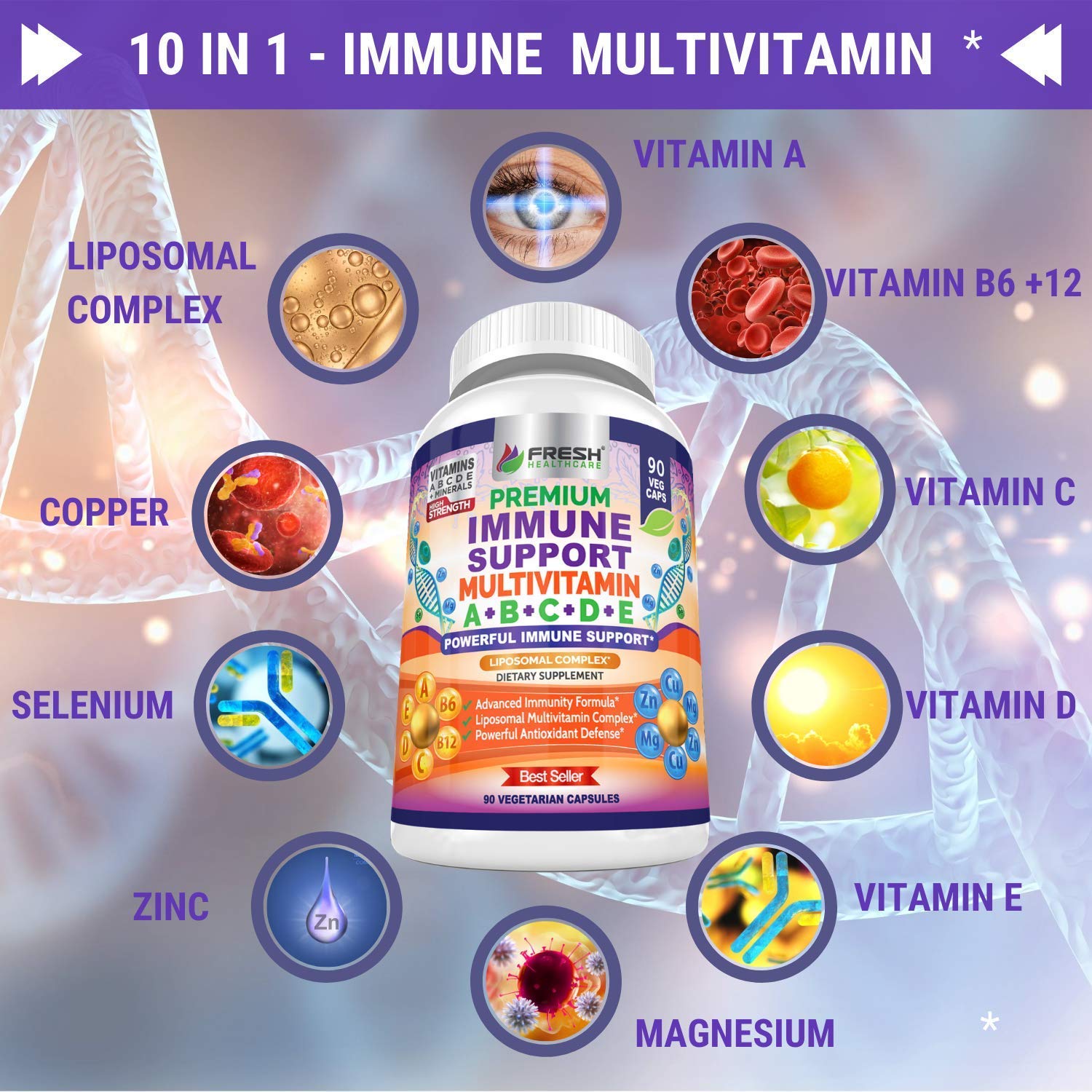 FRESH HEALTHCARE Immune Support Multivitamin with Natural Vitamin C - Daily Supplement for Adults & Kids | Boost Immunity, Energy & Overall Wellness | Perfect for Cold Season, Travel & Busy Lifestyles