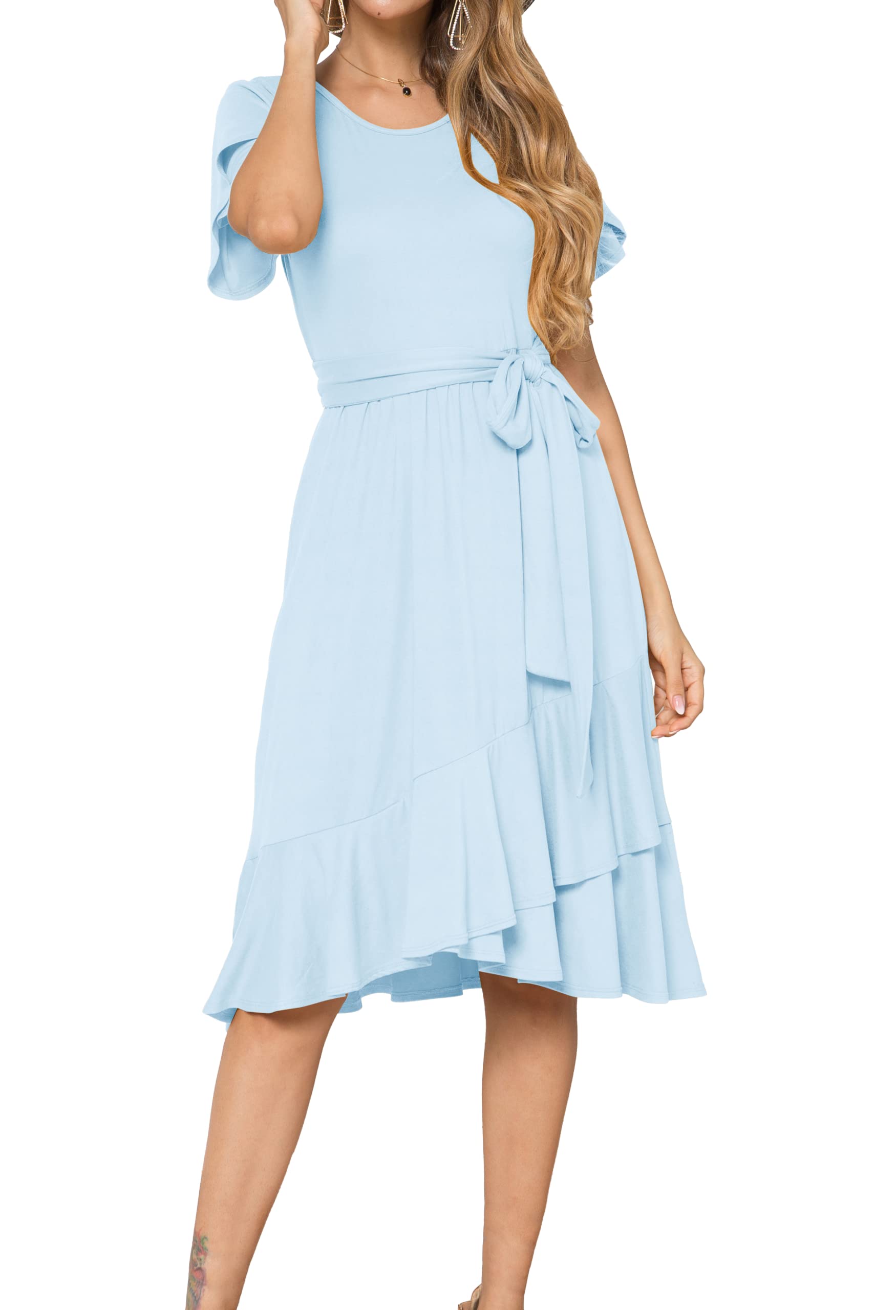 Levaca Women's Plain Casual Flowy Short Sleeve Midi Dress with Belt - Comfortable Summer Dress for Beach, Vacation & Everyday Wear