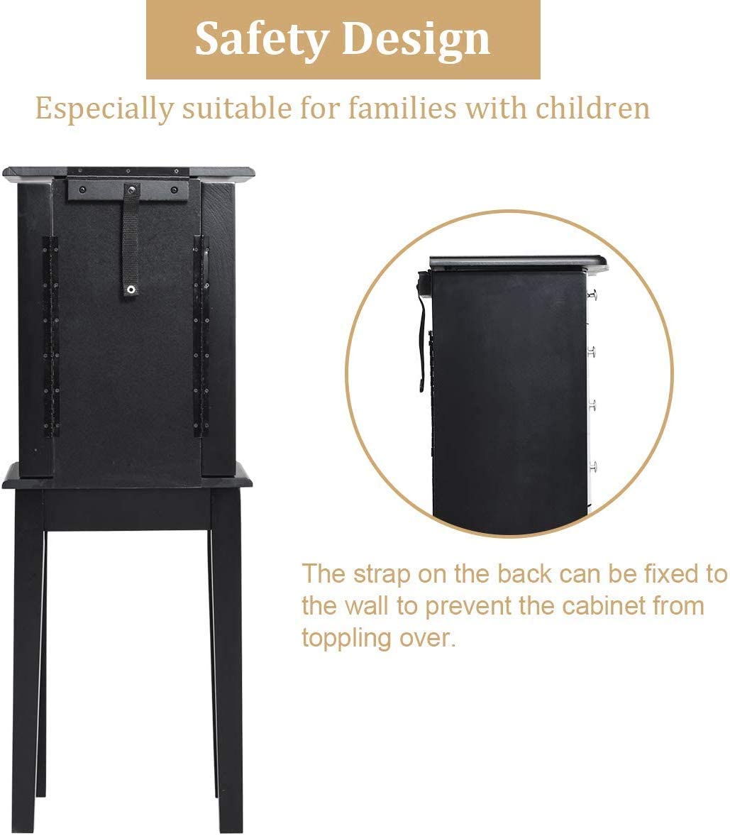 MAT EXPERT Jewelry Armoire with Mirror - 5-Drawer Standing Wooden Jewelry Organizer Cabinet with Flip Makeup Mirror for Rings, Necklaces & Bracelets - Black Jewelry Storage for Bedroom, Closet & Dressing Room