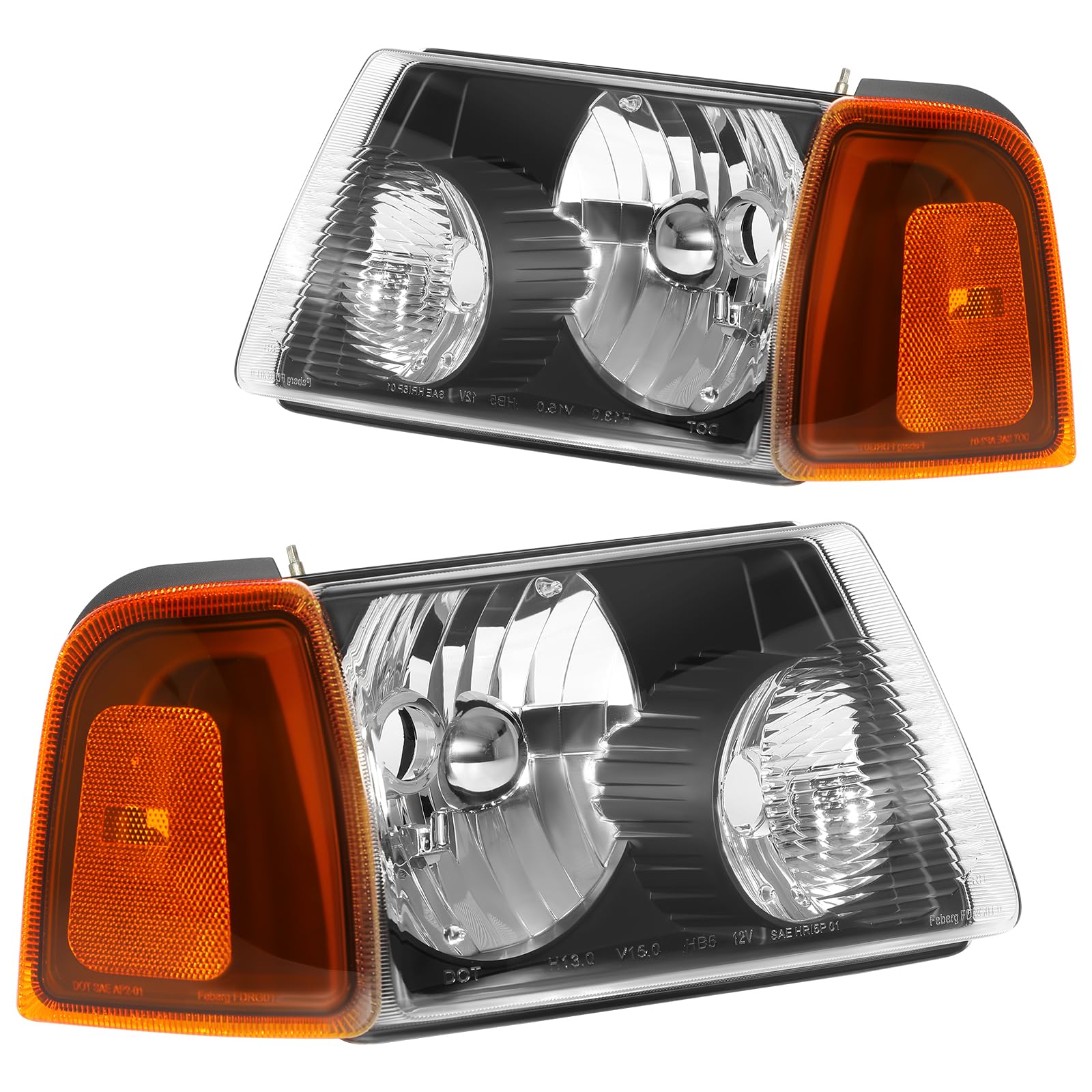 Ford Ranger Headlight Assembly 2001-2011 - Black Housing, Amber Reflector, Clear Lens - Driver & Passenger Side Headlamps - Perfect for Night Driving & Off-Road Adventures