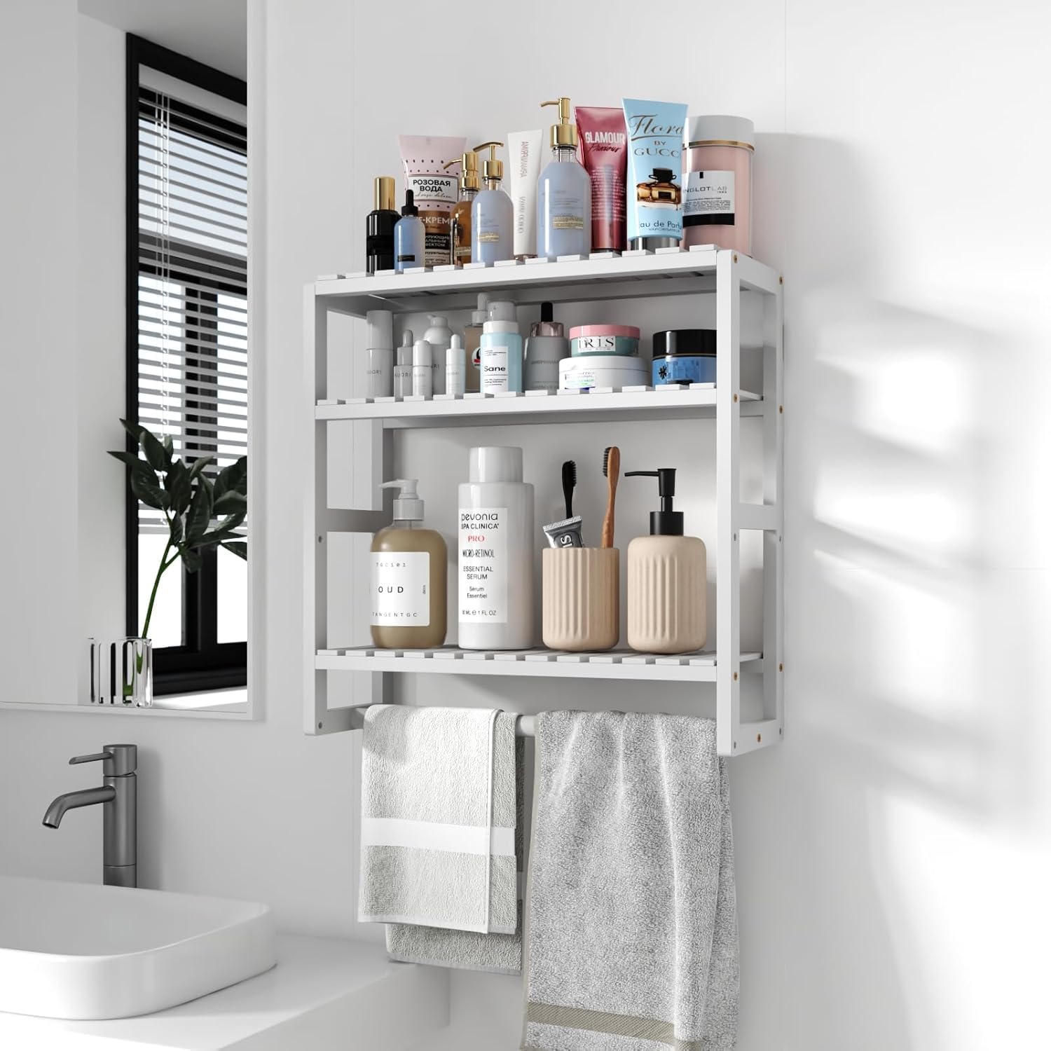 3-Tier Bamboo Towel Rack with Shelves - Over Toilet Wall Mounted Storage Organizer for Bathroom, Laundry Room & Kitchen - Space Saving Paper Holder & Towel Bar for Small Bathrooms & Apartments
