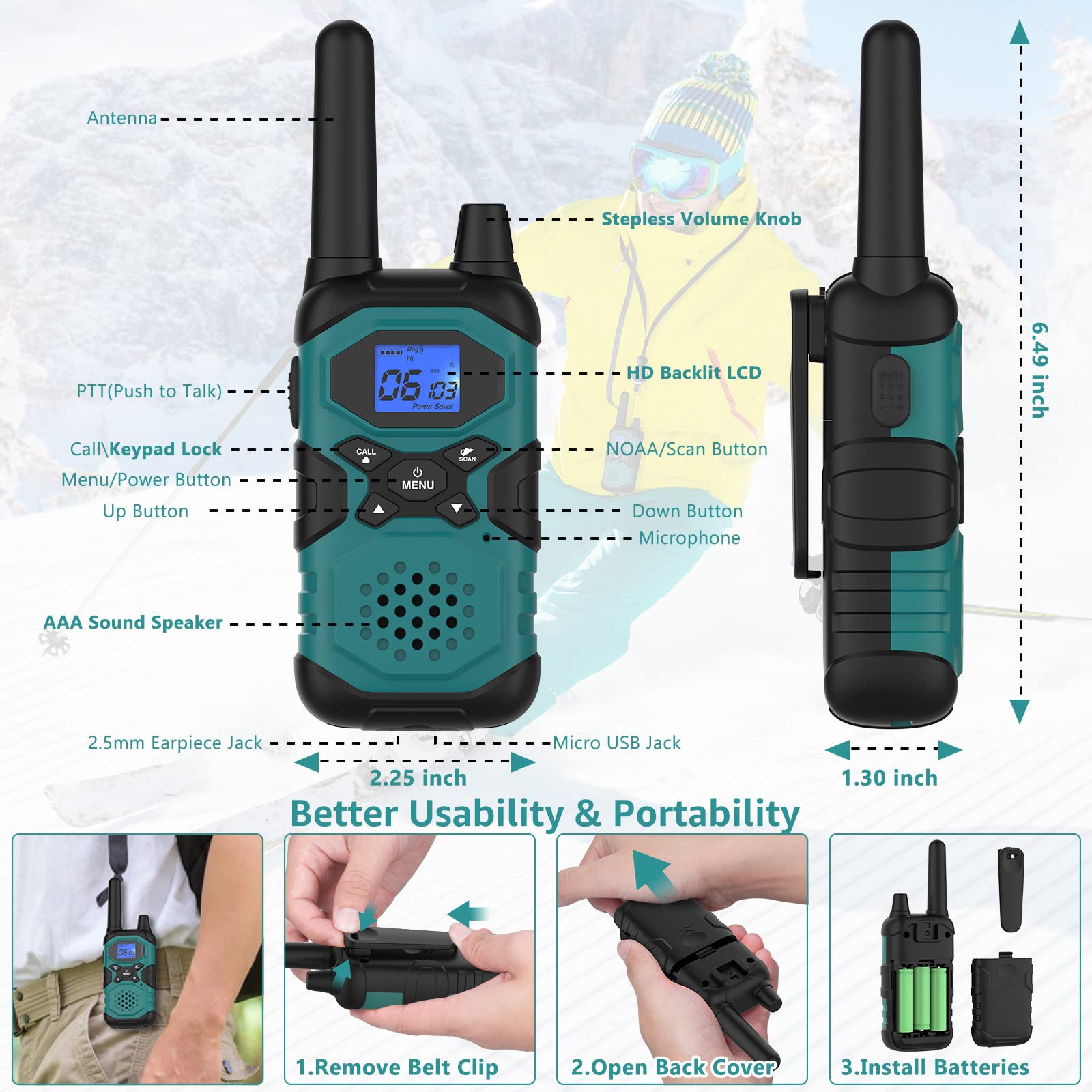 Long Range Walkie Talkies for Adults - Rechargeable 2 Way Radios with USB & NOAA Weather Alerts (3 Pack, 4500mAh Battery) - Perfect for Family Communication, Senior Care, Work, Camping, Hiking & Cruise Adventures
