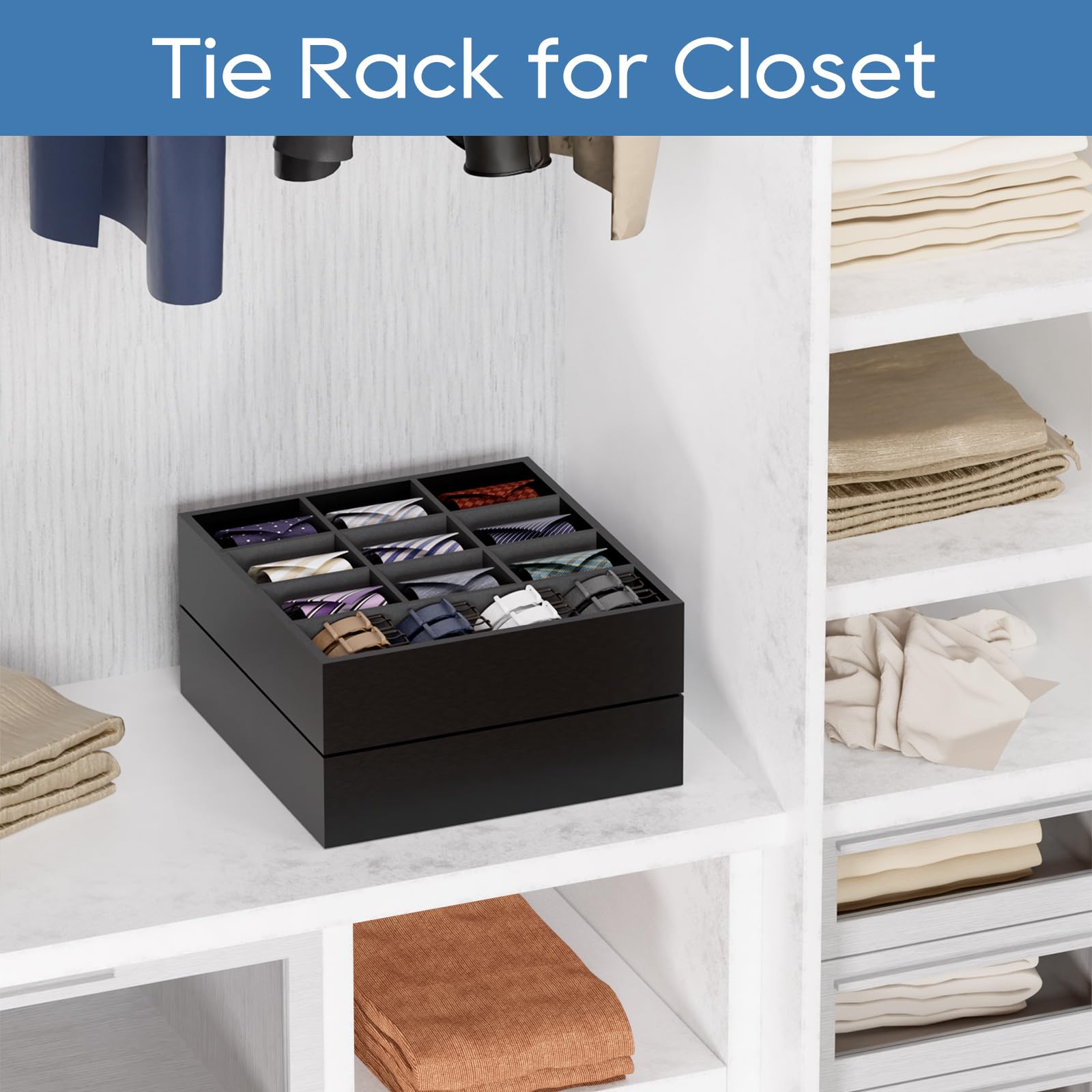 B4Life Bamboo Tie Organizer Wall Mount - 16 Tie Storage Rack with 9 Grids, Space-Saving Closet Accessory for Men's Necktie Display & Organization (Black) - Perfect for Home, Office & Walk-in Closet Organization