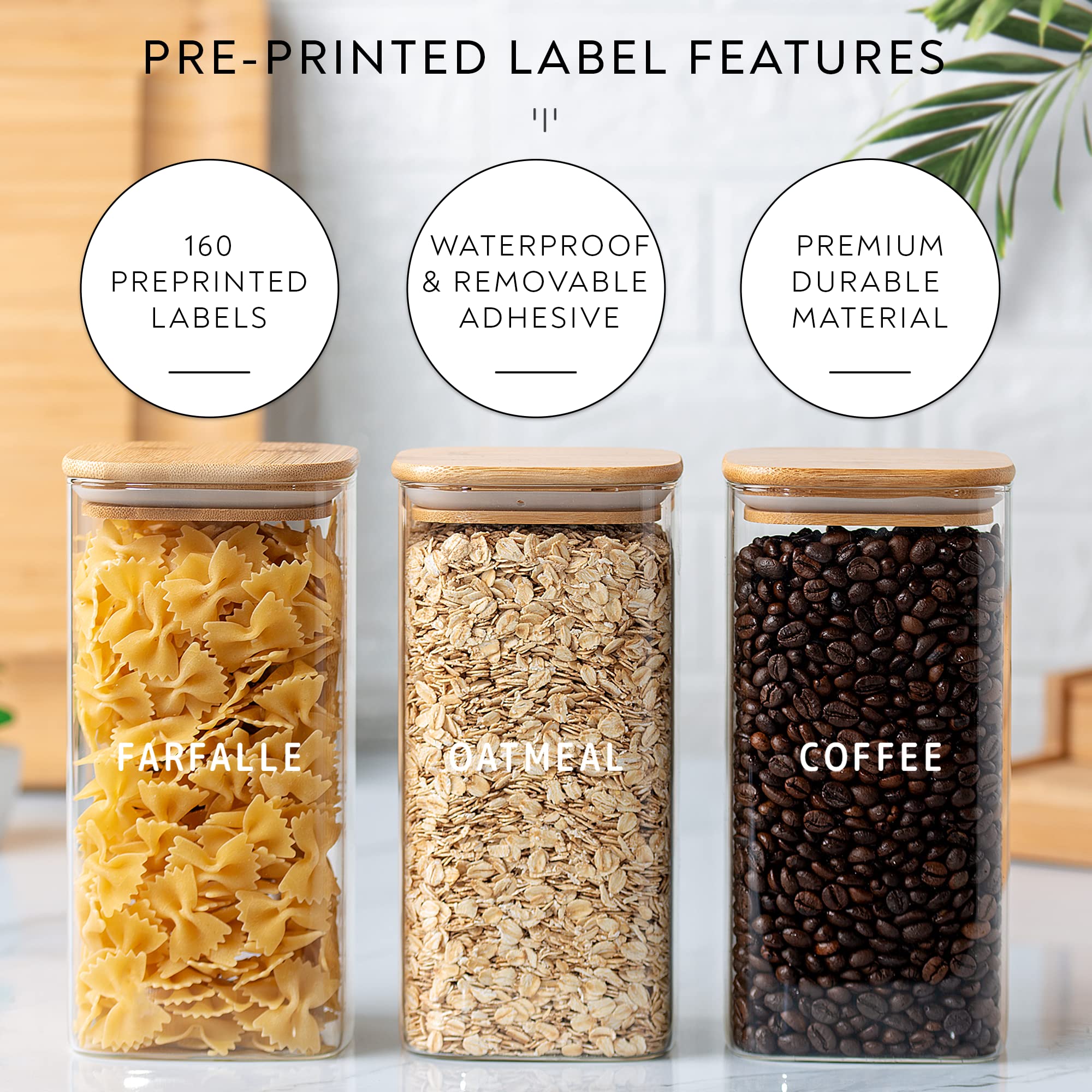 Premium Glass Jar Set with Bamboo Lids - 6-Piece (2x27oz, 2x40oz, 2x50oz) Square Canister Food Storage Containers + 160 Minimalist Pantry Labels & Custom Stickers - Ideal for Kitchen Organization, Pantry Storage, and Bulk Food Preservation