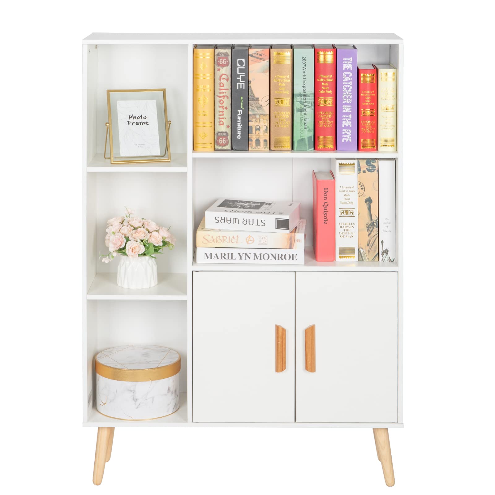 HGPZ Wooden Storage Cabinet with Double Doors - Free Standing Bookcase with 2 Shelves & 3 Cubes, 4-Leg Home Office Furniture for Living Room, Bedroom, and Study Organization
