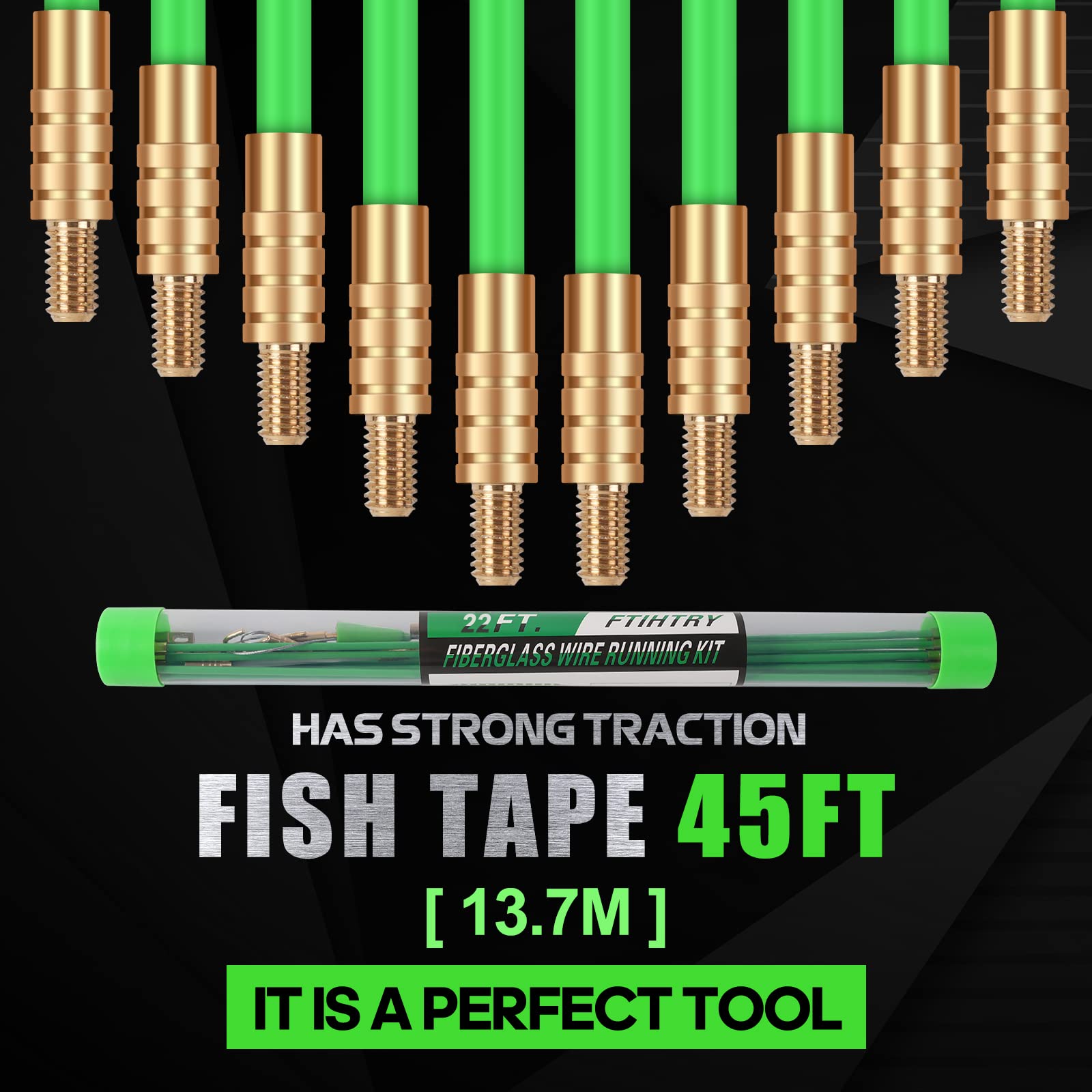 45FT Fiberglass Wire Pulling Rod Kit with 8 Attachments - for Electrical Wiring & Fish Tape Installation