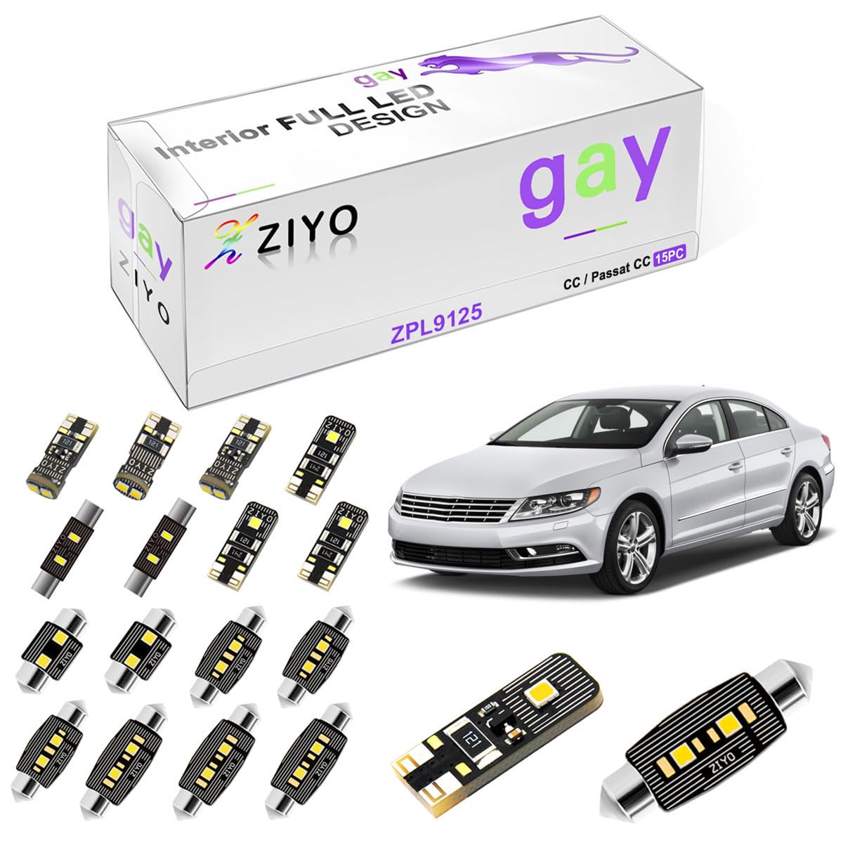 15-Pack ZIYO ZPL9125 LED Interior Light Bulbs Kit - Xenon White Dome Lights for Volkswagen CC/VW Passat CC 2008-2017 - Error-Free Upgrade | Perfect for Night Driving & Interior Illumination