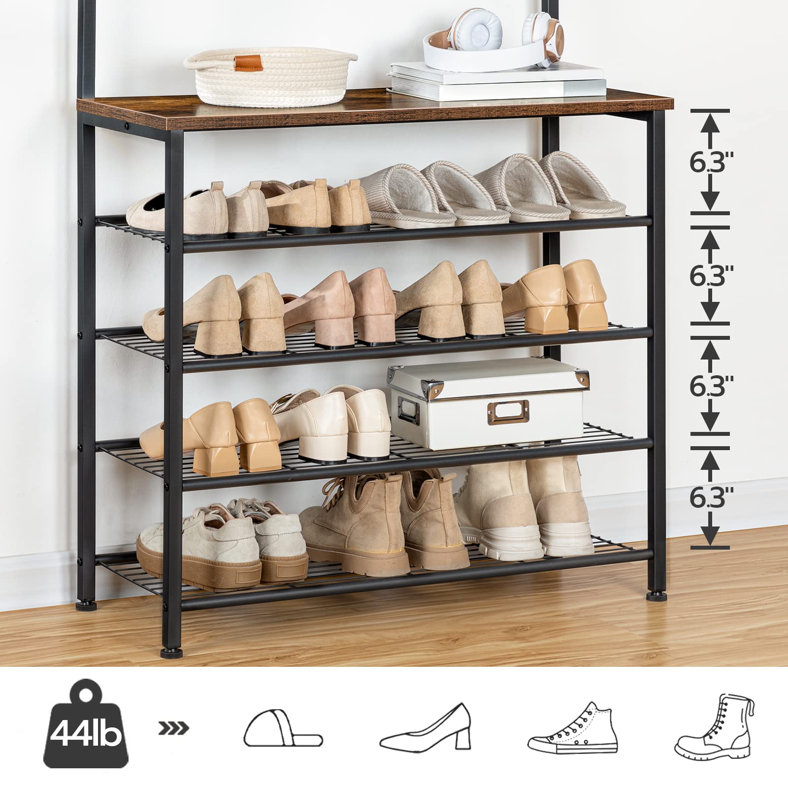 HOOBRO Industrial Hall Tree with Bench - 5-Tier Shoe Storage & 9-Hook Coat Rack for Entryway, Closet - Rustic Brown & Black BF80MT01G2 - Perfect for Mudroom Organization & Small Space Entry Solutions