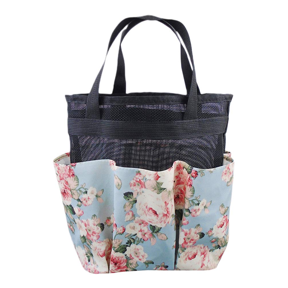 TOPBATHY Portable Mesh Shower Caddy Tote with Floral Storage Pockets - Quick Dry Toiletries Cosmetic Organizer Basket for Bathroom, College Dorm, Travel & Camping (Sky Blue) - Perfect for Hanging Shower Essentials & Storing Bathroom Accessories