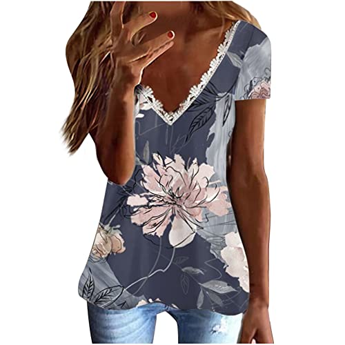 Women's V Neck Lace Trim Tunic Top - Soft Flowy Short Sleeve Blouse for Summer | Casual Loose Fit Dressy Shirt | Perfect for Office Wear, Date Night & Beach Outfits